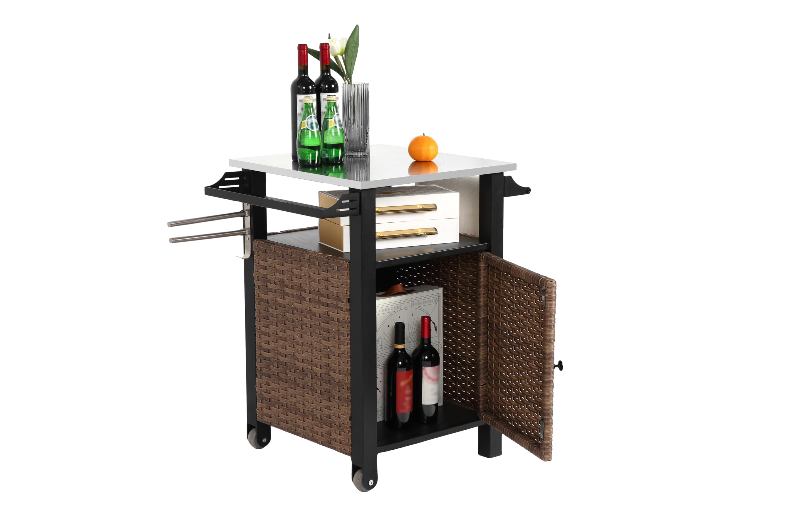 Carrello da portata in rattan con piano estraibile in acciaio inox, isola da cucina per esterni con armadio, cassetto, portabicchieri e apribottiglie, marrone