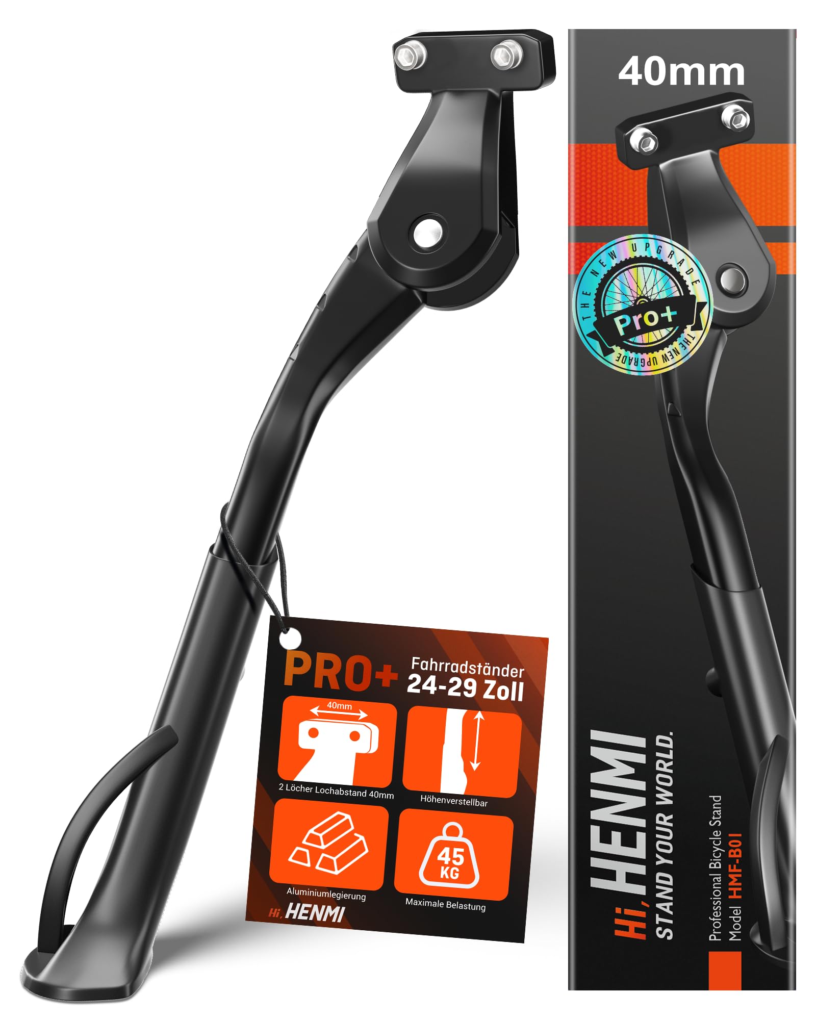 HENMI Fahrradständer 24-29 Zoll,Fahrradständer mit 2 Löchern,Stabil Seitenständer,Konzipiert für E-Bike und MTB,40mm Loch für M6 Schrauben,18mm Loch für M5/M6 Schrauben geeignet
