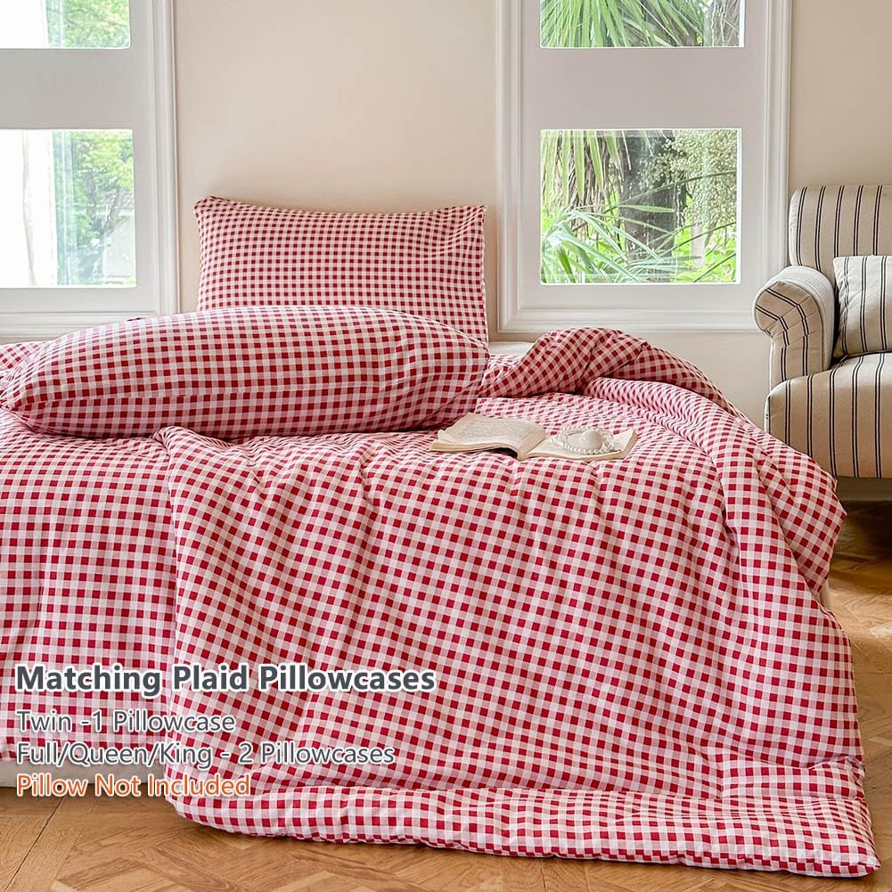 NSNLGSGC Red Gingham Cotton Comforter Set Queen, 100% Washed Cotton Plaid Checked Comforter Bedding, 3 Pieces Vintage Farmhouse Grid Bedding Set(Red Gingham, Queen) - Image 7