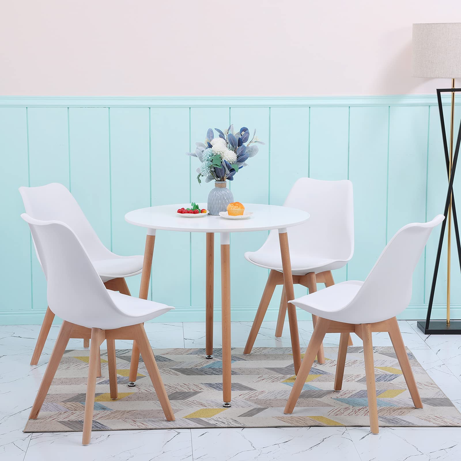 DORAFAIR Ensemble Table Ronde 80 * 80cm et 4 Chaises Scandinaves Blanches pour Salle à Manger