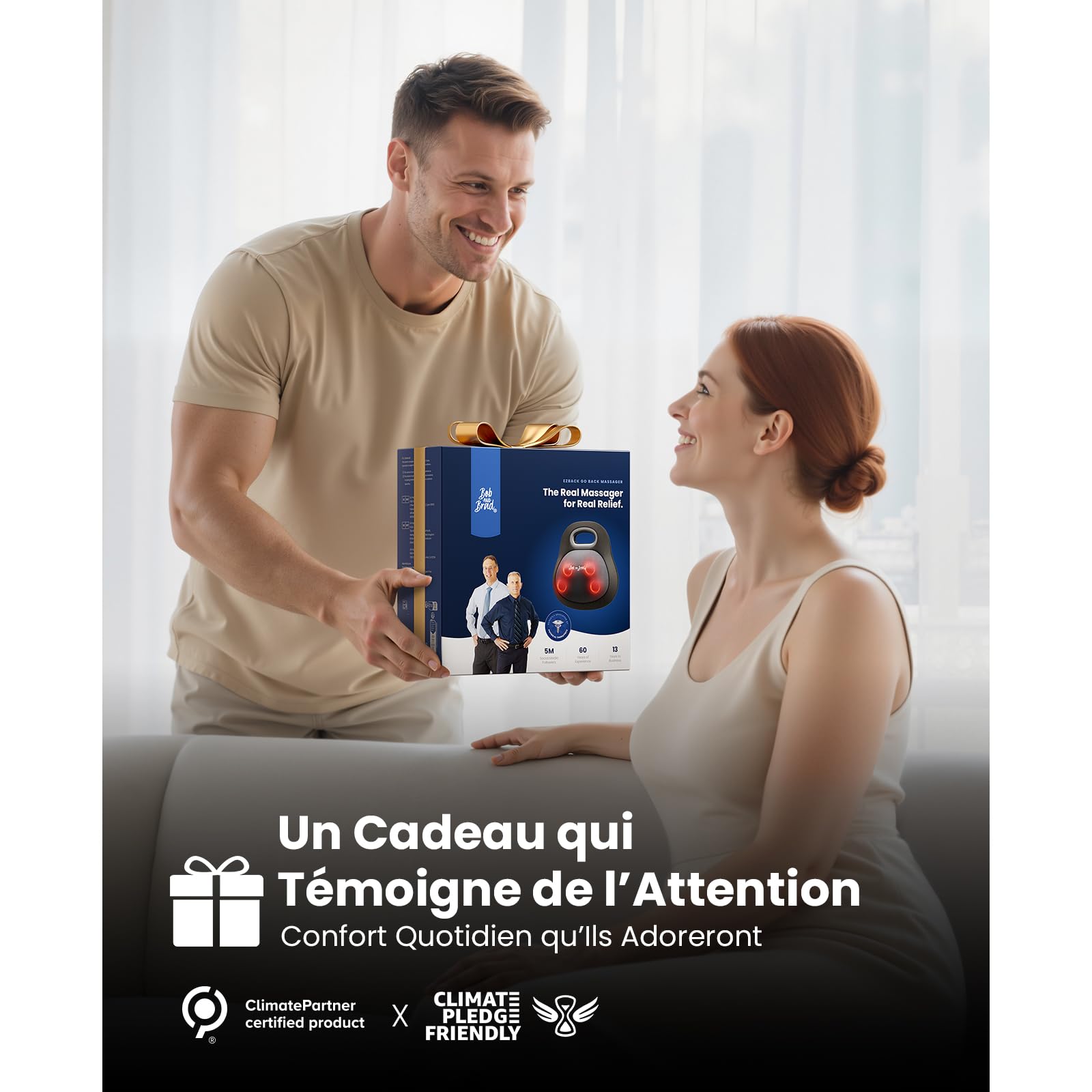 BOB AND BRAD Masseur Dos et Cervicales avec Chaleur pour Soulagement Douleur, EZBack Go Massage Shiatsu 4D Tissus Profonds, Coussin Massant avec Poignée Bureau et Maison, Cadeau Hommes et Femmes