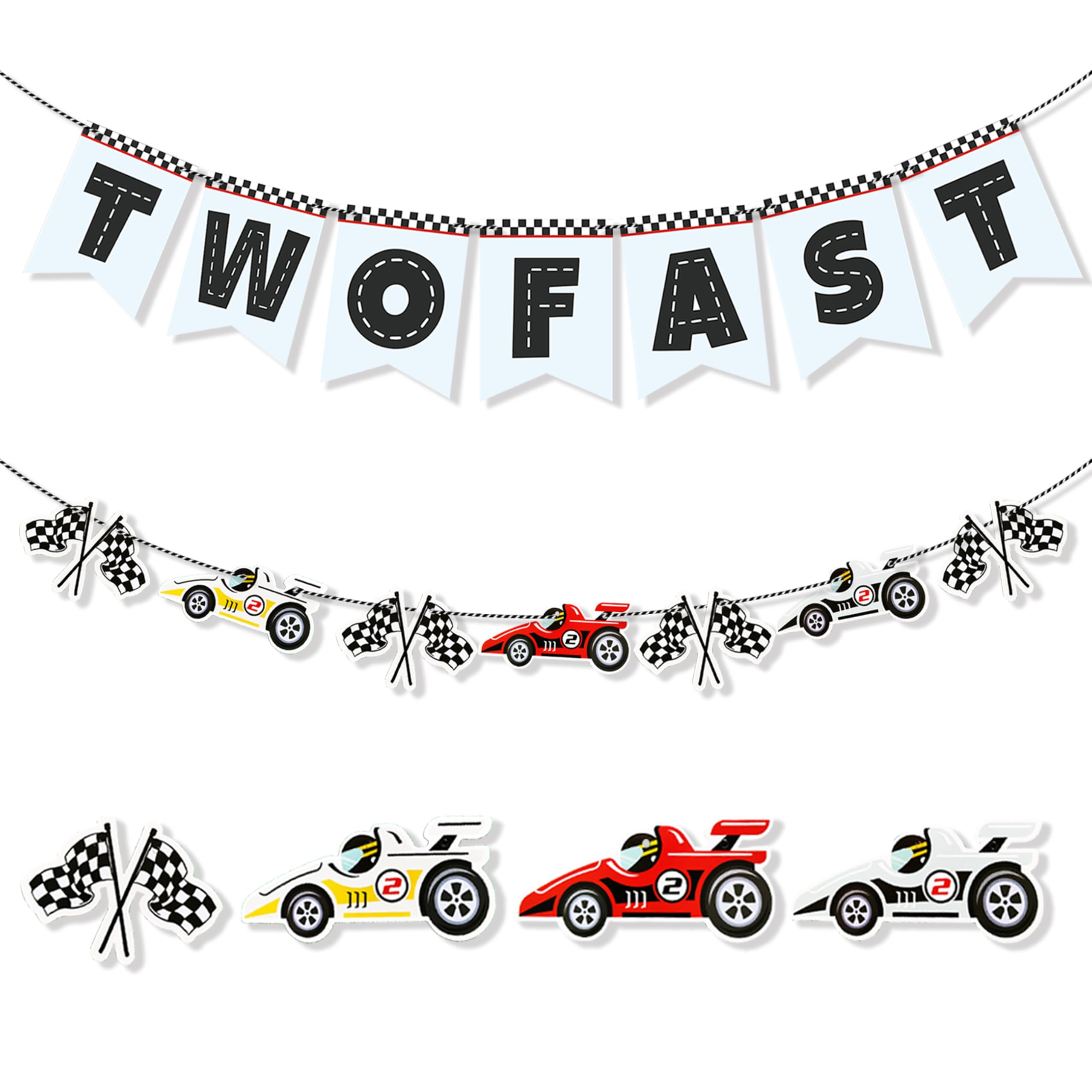FEXICHUJI Two Fast Birthday Banner, Racing Theme Party Supplies Decorations with Race Cars, Flags, Tracks and More, Vintage 2nd Birthday Photo