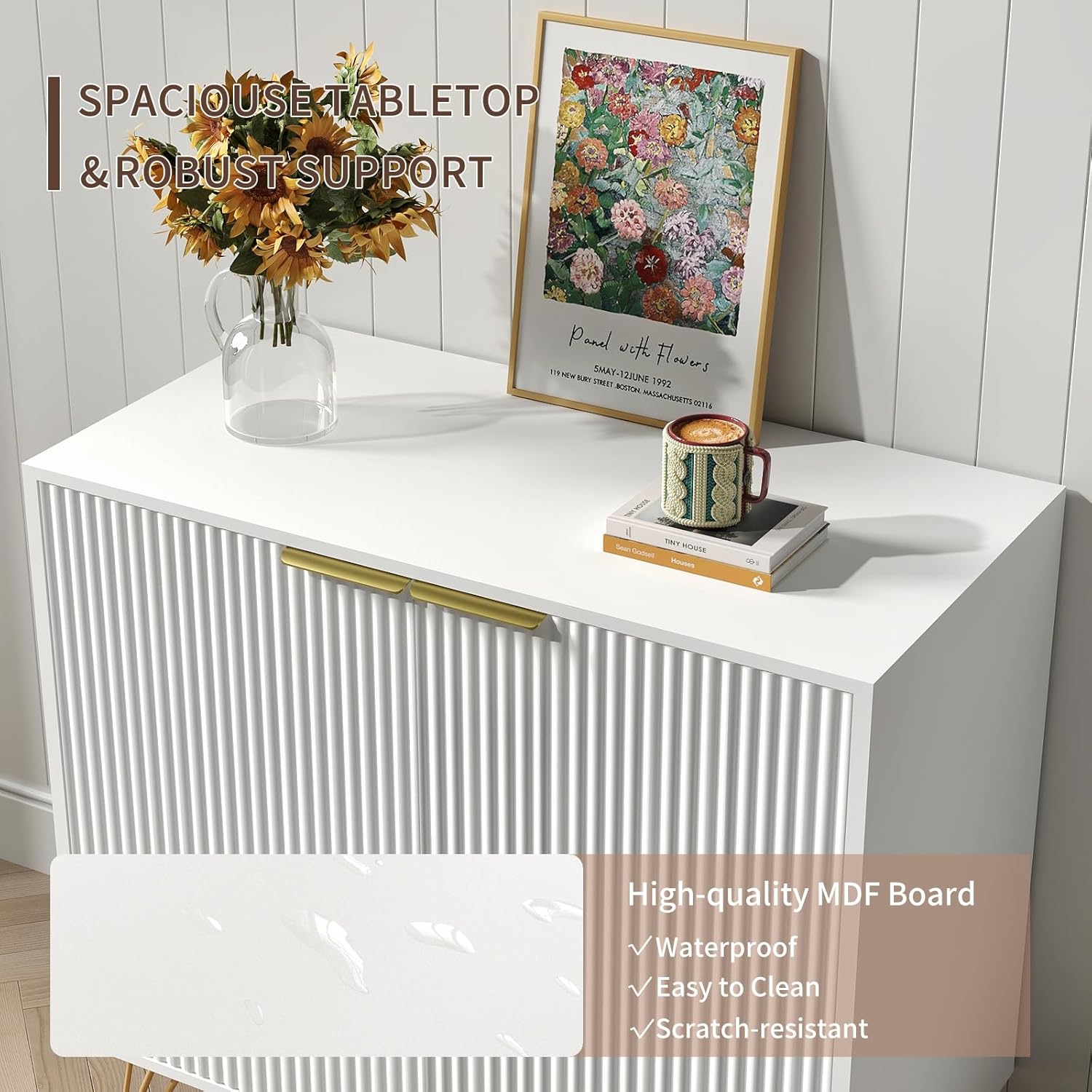 White Buffet Cabinet with Storage - Fluted White and Gold Cabinets with 2 Doors and Adjustable Shelf, Modern Accent Cabinet Console Coffee Bar Table for Kitchen, Entryway, Office