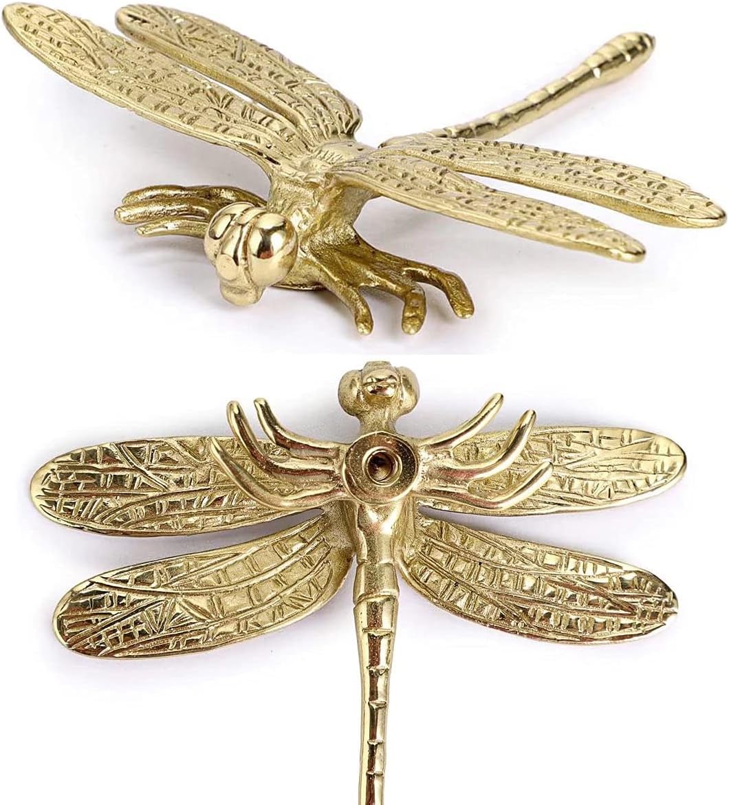 6PCS Brass Dragonfly Cabinet Knobs, Golden Tone Cupboard Door Knobs Decorative Dresser Drawer Handle Knobs for Natural Home Furniture Decorations Bathroom Decor Dresser Pulls