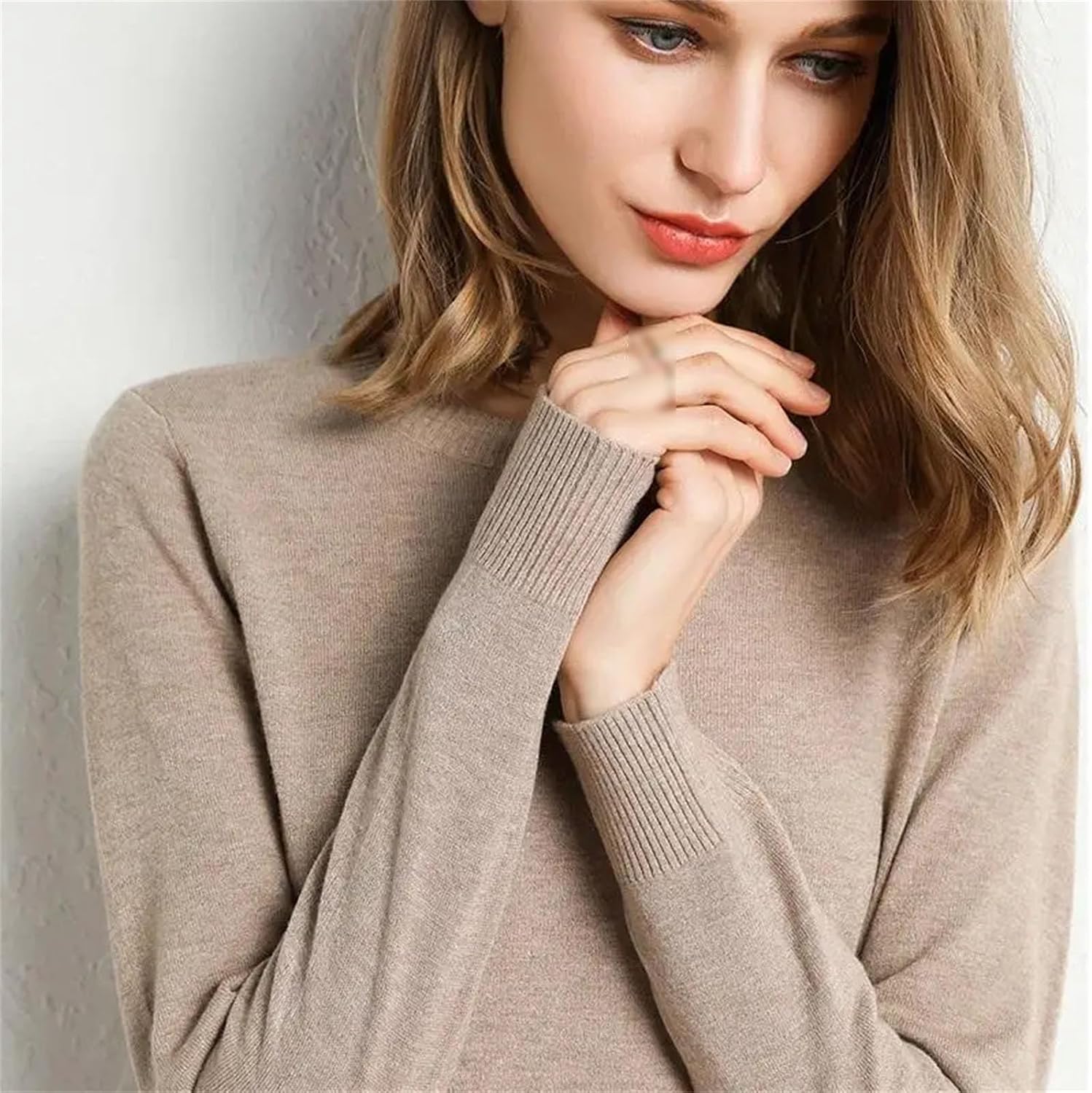 Women's Slim O-Neck Pullover Cashmere Wool Blend Sweater Autumn and Winter Long-Sleeved Knitted Bottoming Shirt