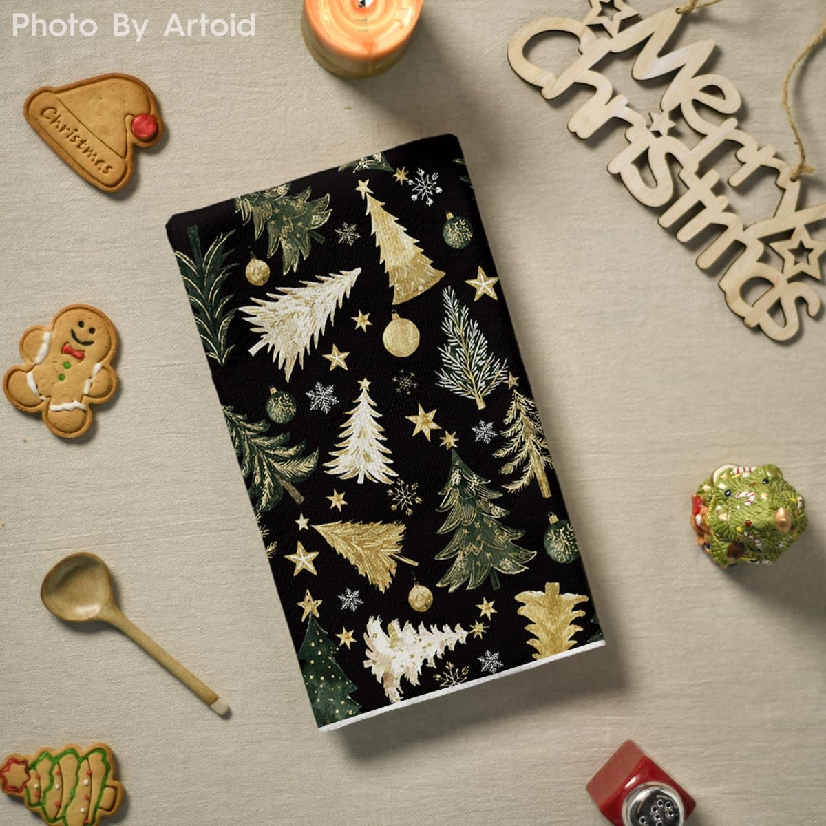 Artoid Mode Black Golden Xmas Tree Merry Christmas Kitchen Towels Dish Towels, 18x26 Inch Farmhouse Ornaments Winter Decoration Cleaning Set of 2 - Image 4