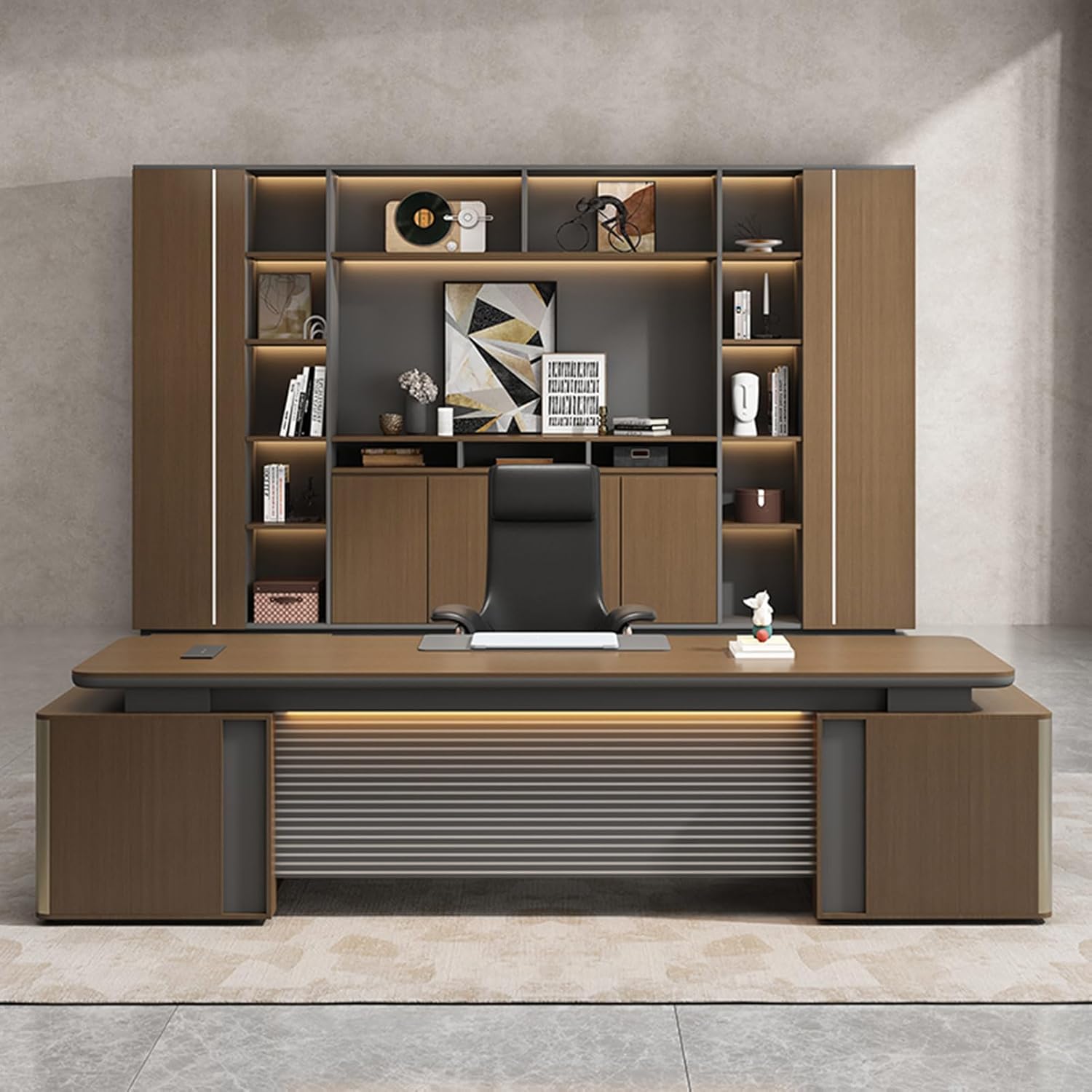 Brown L Shaped Computer Desk, Executive Office Desk with Lateral Cabinet Gaming Study Table Business Furniture Set for Home Office