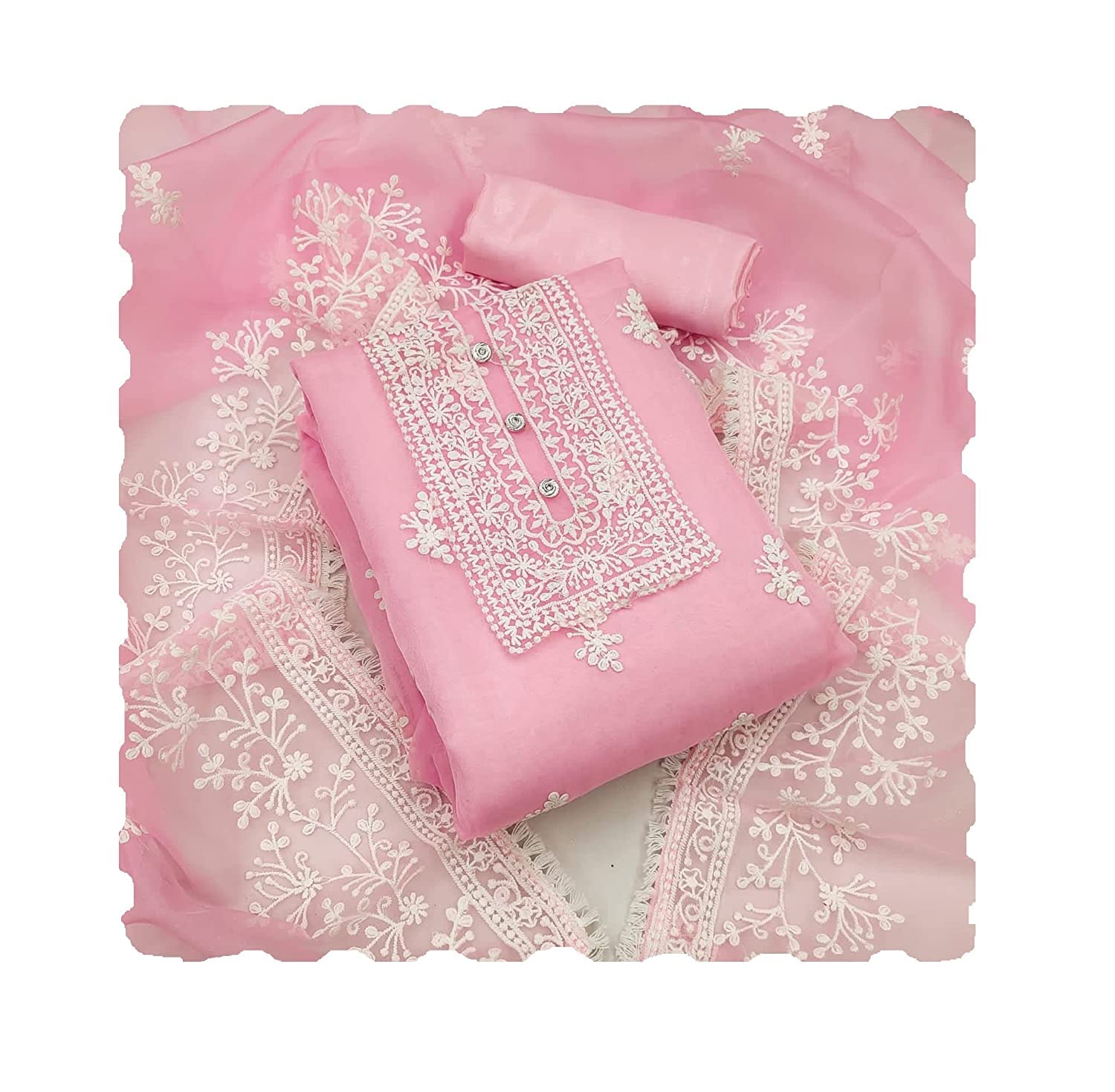 Swadeshi Desire Women's Pink Organza Embroidered Unstitched Salwar Suit Dress Material With Embroidery Work Dupatta (Dm Humtum_free Size)