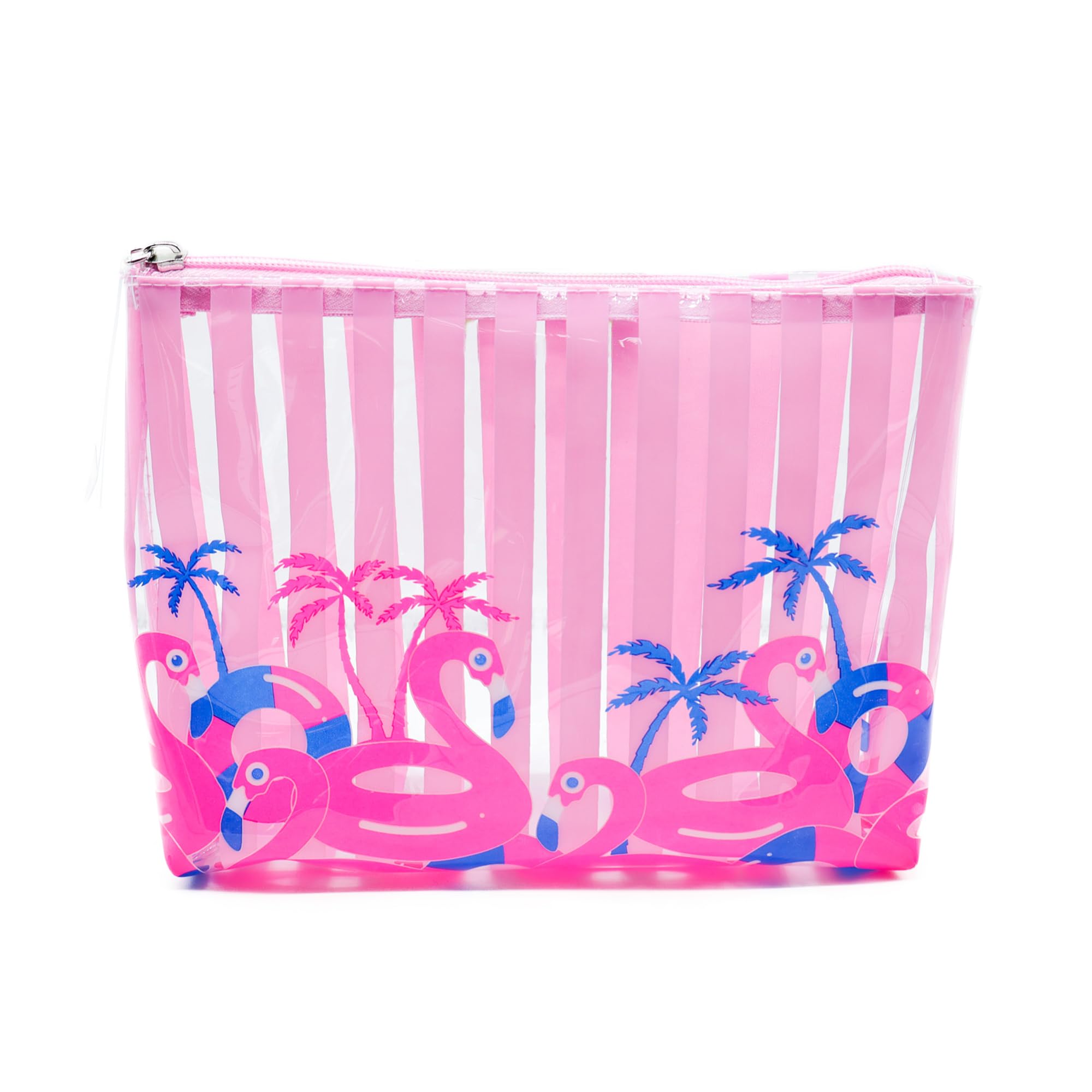 Ponette Neceser de Mujer Grande Transparente Impermeable de Rayas Rosas con Flotadores de Flamencos y Palmeras en Fucsia y Azulón, Ideal Playa, Piscina, Viaje, Impermeable, Marca Española