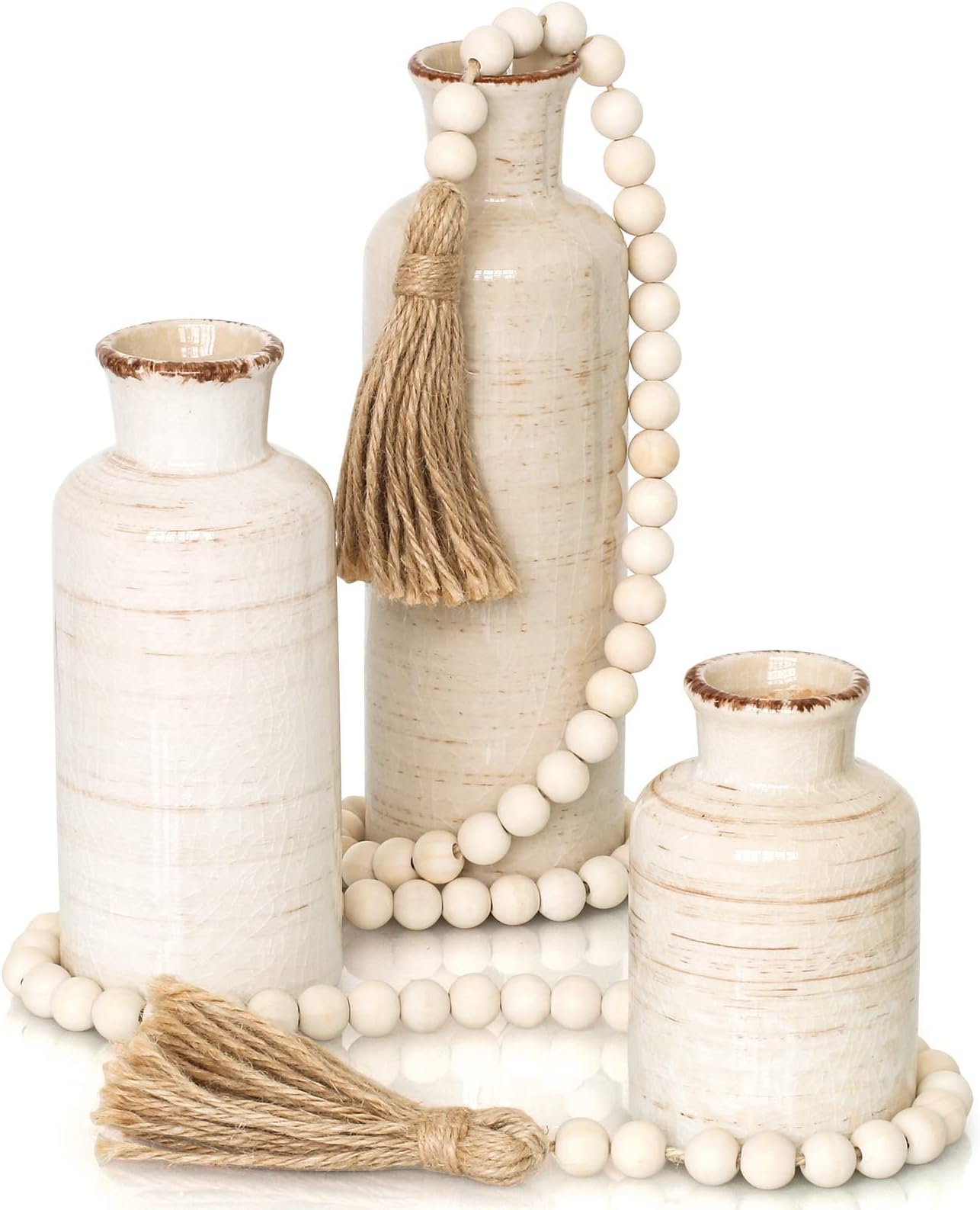 EDIMENS Ceramic Vase with Farmhouse Beads for Home Decor, Rustic Set of 3 Ceramic Vases 58in Wood Bead Garland with Tassels for Rustic Home Decor Accent, Modern Farmhouse Pottery Ceramic Vase Sets