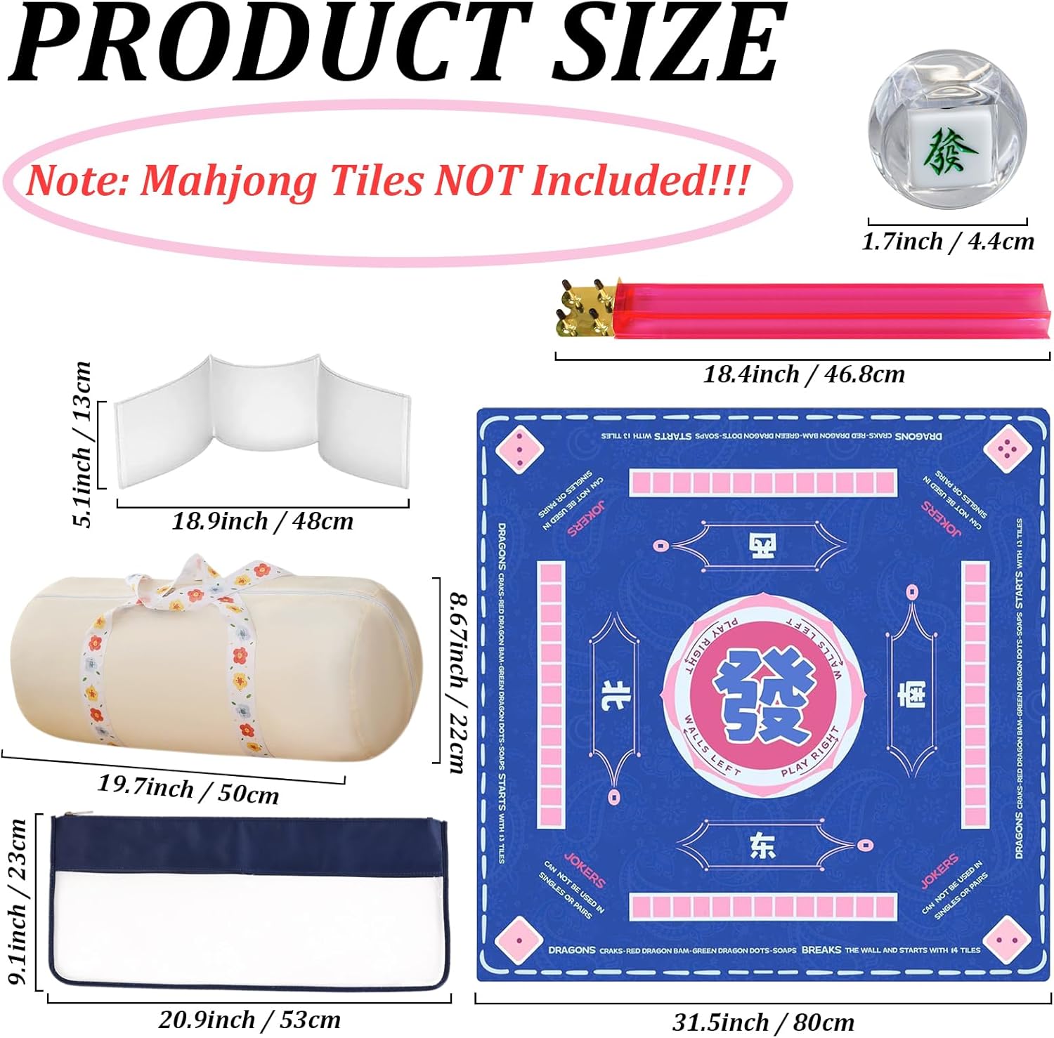 16 PCS American Mahjong Accessories Set Includes Mahjong mat, Bag, Racks, Rule Card Sleeve, Chips and 3 Dics (Mahjong Tiles NOT Included), All in 1 Mahjong Accessories Set with Carrying Bag