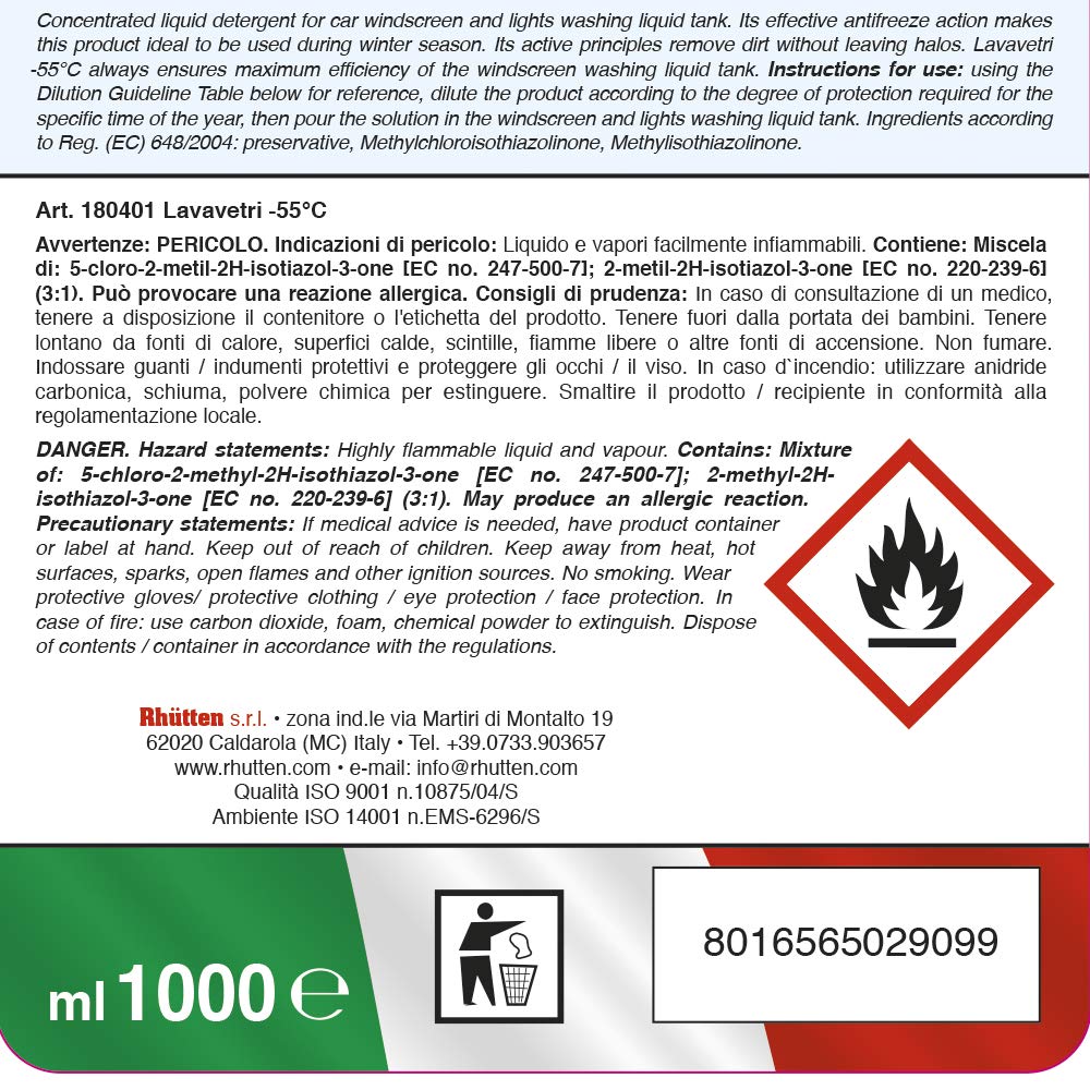 Lavavetri Invernale -55°C, Per Vaschette Lavavetri e Lavafari, Da Diluire, Alta protezione dal Gelo, Indicato per Inverni Rigidi, 1L
