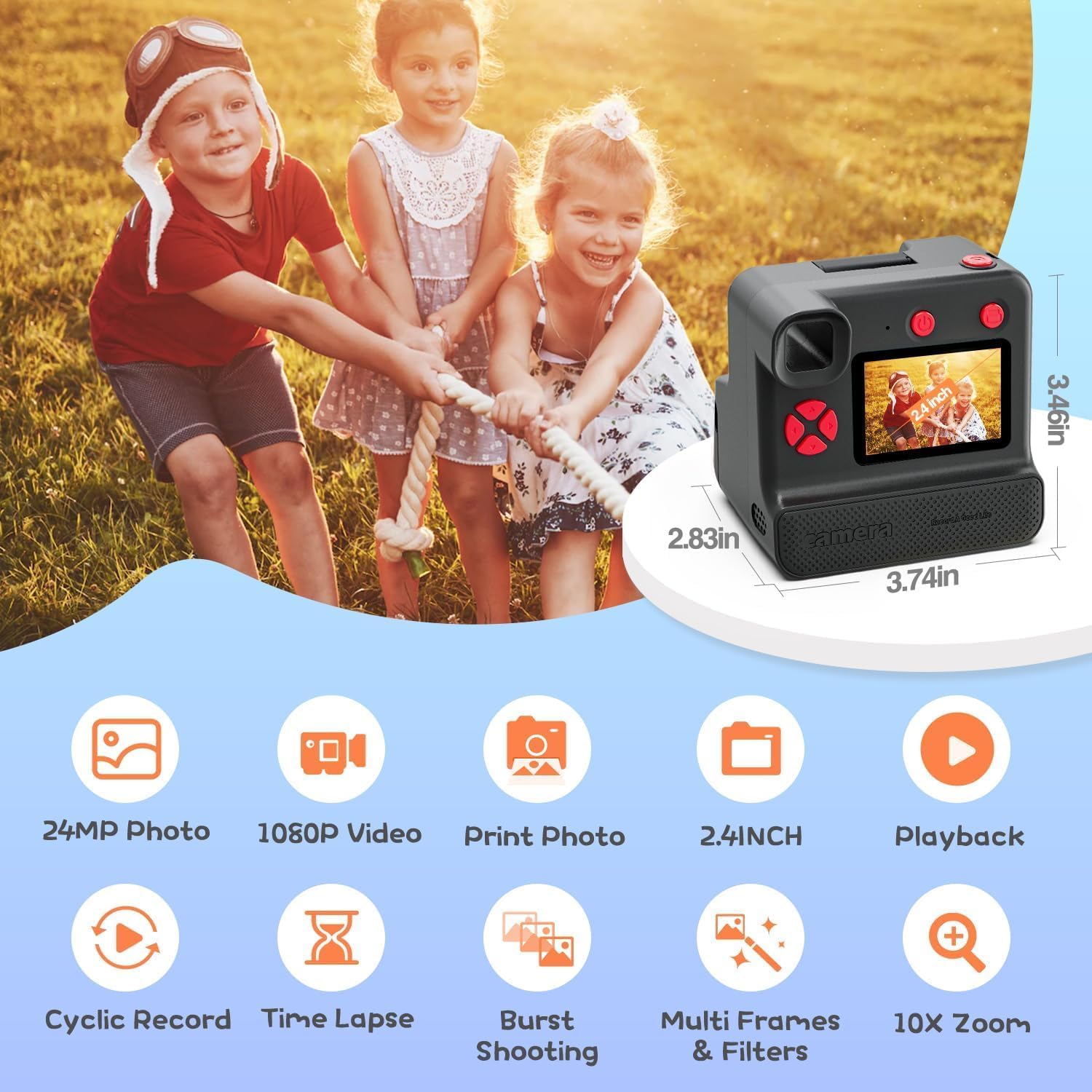 Instant Print Camera for Kids - 5 Rolls Refill Paper, 1080P Camera, Christmas & Birthday Gift for Girls & Boys Age 3-12