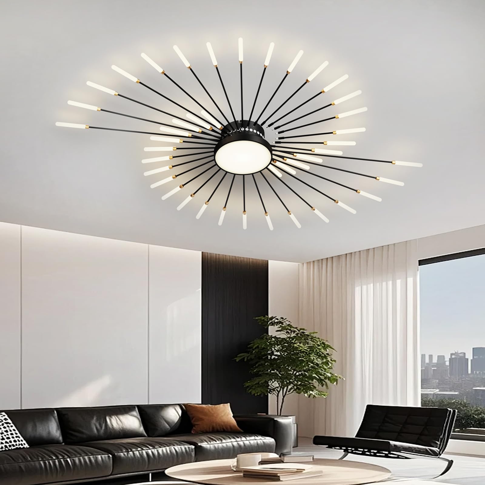 Photo 1 of RRDEFSD Modern Ceiling Light Flower Shape, Metal Firework Ceiling Lamp with Plug-in LED Source, Lighting Fixture for Living Room Dining Room Bedroom, Natural Light, 50.4 x 41.3 in, Black