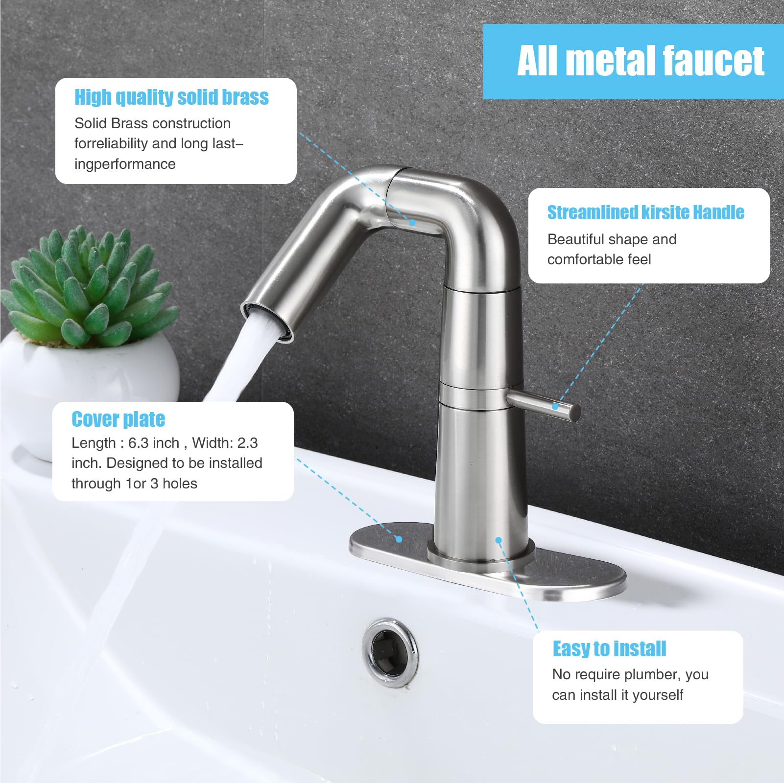 HUAHUALALA 360 Degree Swivel Bathroom Sink Faucets,Bathroom faucets for Sink 1 Hole,Single Handle Vanity Faucet with Deck Plate,100% Lead-Free Lavatory Faucet, Brushed Nickel