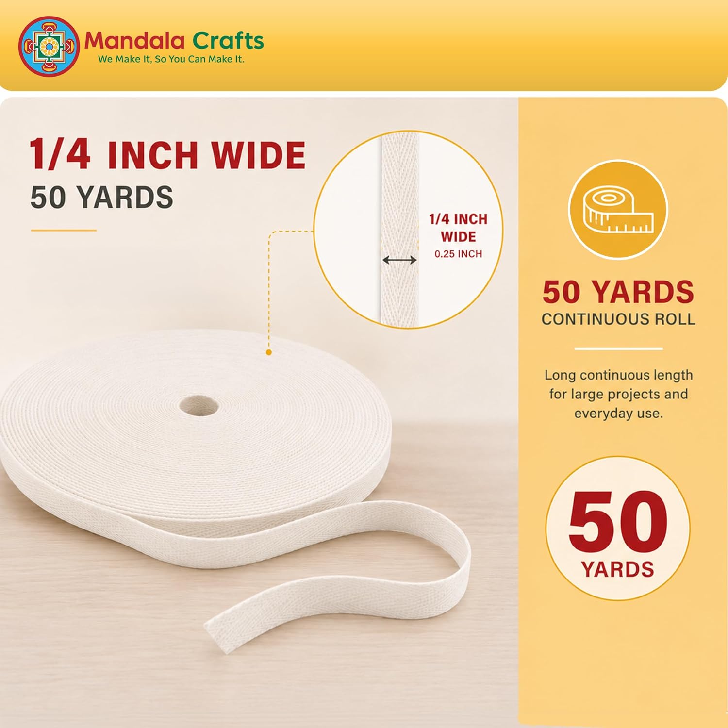 Mandala Crafts Natural Cotton Twill Tape Ribbon - 1/4 Inch Wide 50 Yards Herringbone Bias Tape for Sewing, Seam Binding, Ribbon Trim, and Natural Cotton Webbing