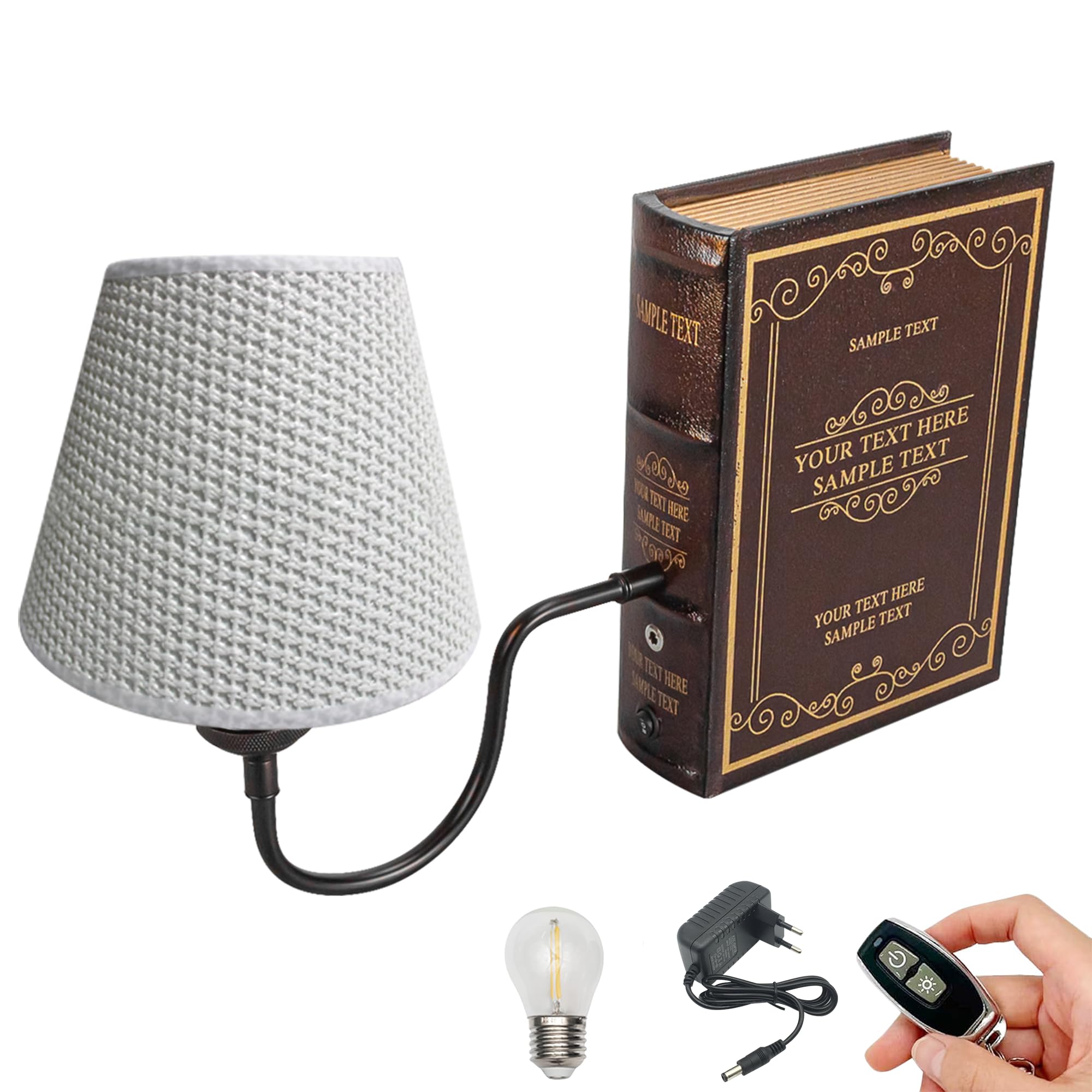 LED Buchlampe mit Fernbedienung, Vintage Dimmbar Nachttischlampe mit Stoffschirm 1xE27-Fassung, Wiederaufladbare Tischlampe Zeitschaltuhr für Nachttisch Beistelltisch DZ0322-WH