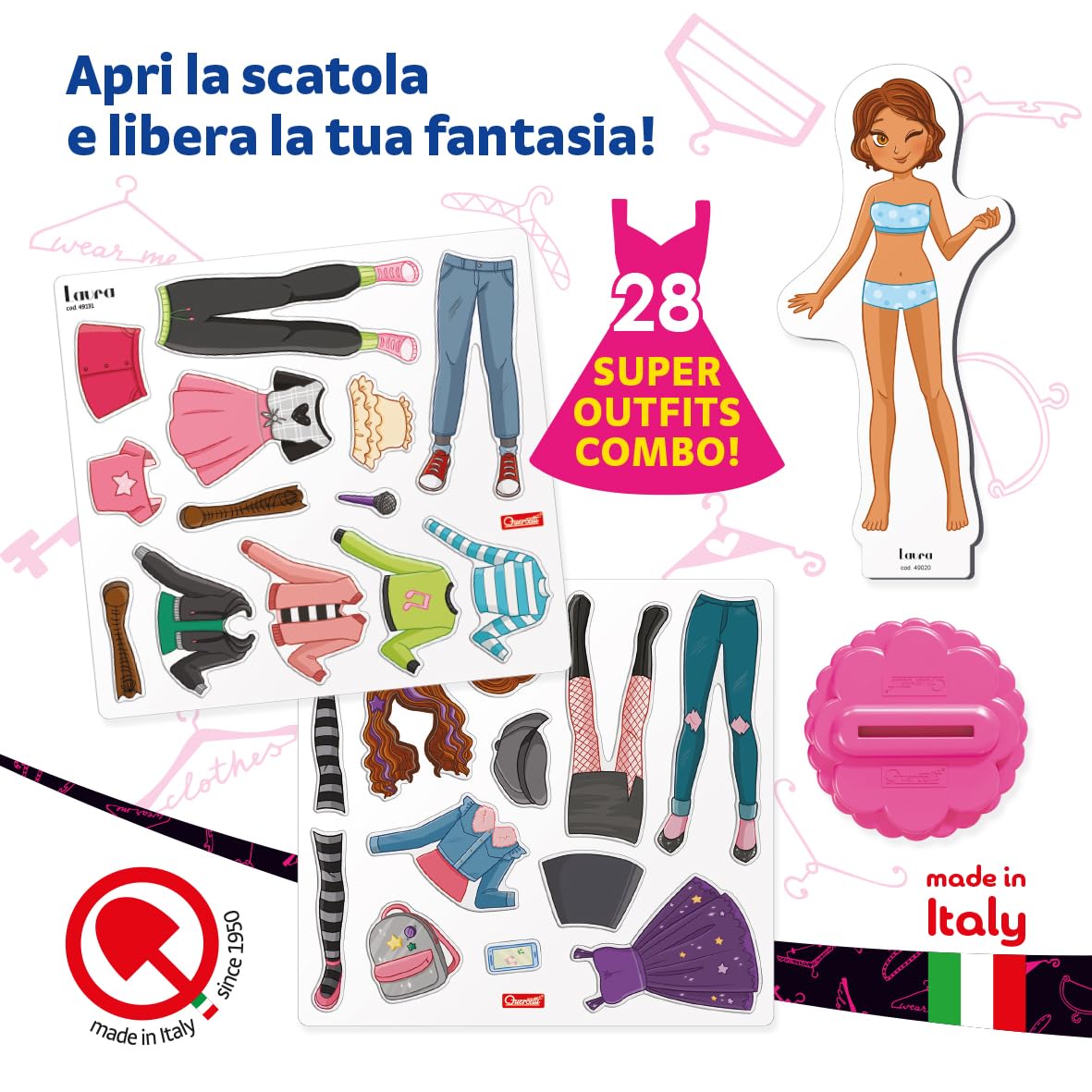 Quercetti Magnetic Fashion Laura, Costruzioni magnetiche Bambina 5+ Anni con Bambolina da Vestire e 29 Abiti, Giochi Creativi Bambina 6 Anni, Regalo Bambina 6 Anni, Giochi da Tavolo Bambini