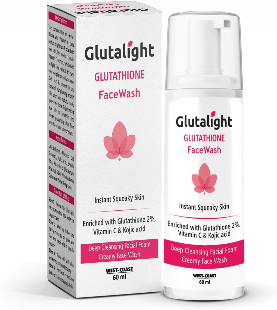 Glutalight Skin Lightening Deep Cleansing Face Wash with 2% Glutathione, 1% Kojic acid, 1% Arbutin, 3% Papaya extract| For Healthier & Firmer Skin| Paraben & Gluten Free - 60ml