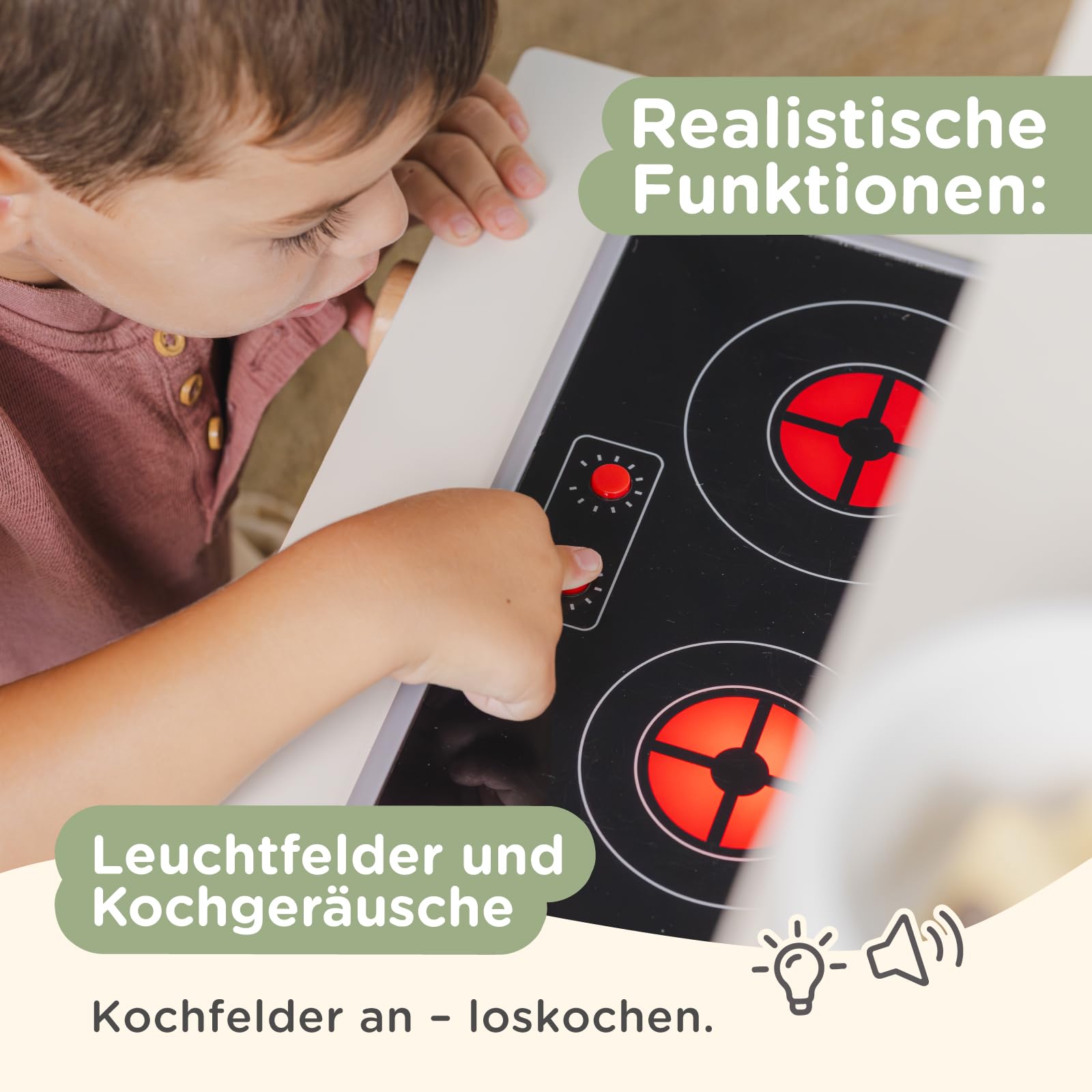 Nene Toys Kinderküche aus Holz – Spielküche mit Licht & Sound, Spüle & Wasserhahn, Mikrowelle & Ofen, Regale, Haken + Zubehör – Montessori Spielzeug ab 3 Jahren – Geschenk für Mädchen & Jungen