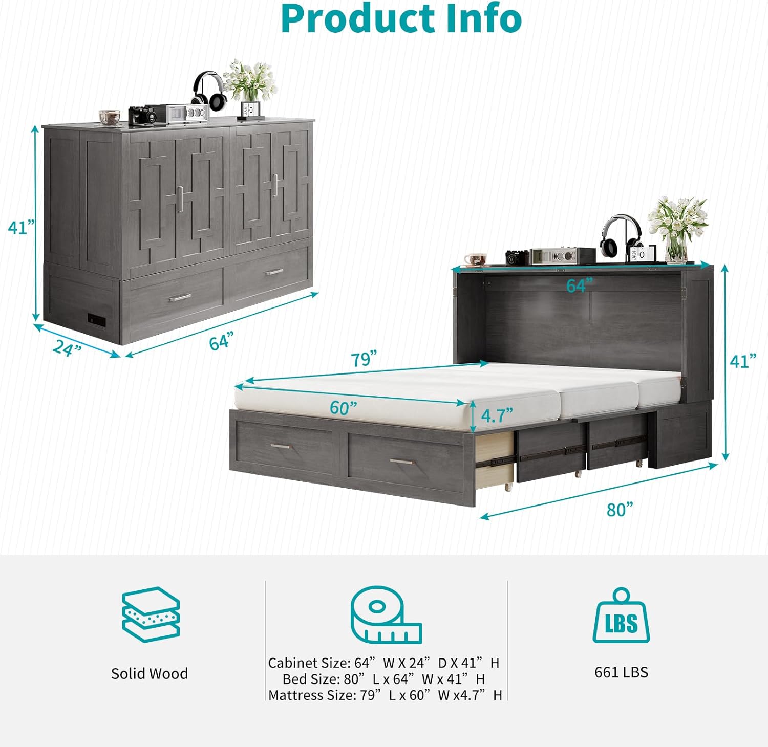 BALUS Murphy Bed Cabinet with Storage Drawer, Cabinet Bed with Tri-fold Mattress and USB Charging Station, Folding Queen Size Beds, Space Saving, Convertible, Easy Assembly (Grey)