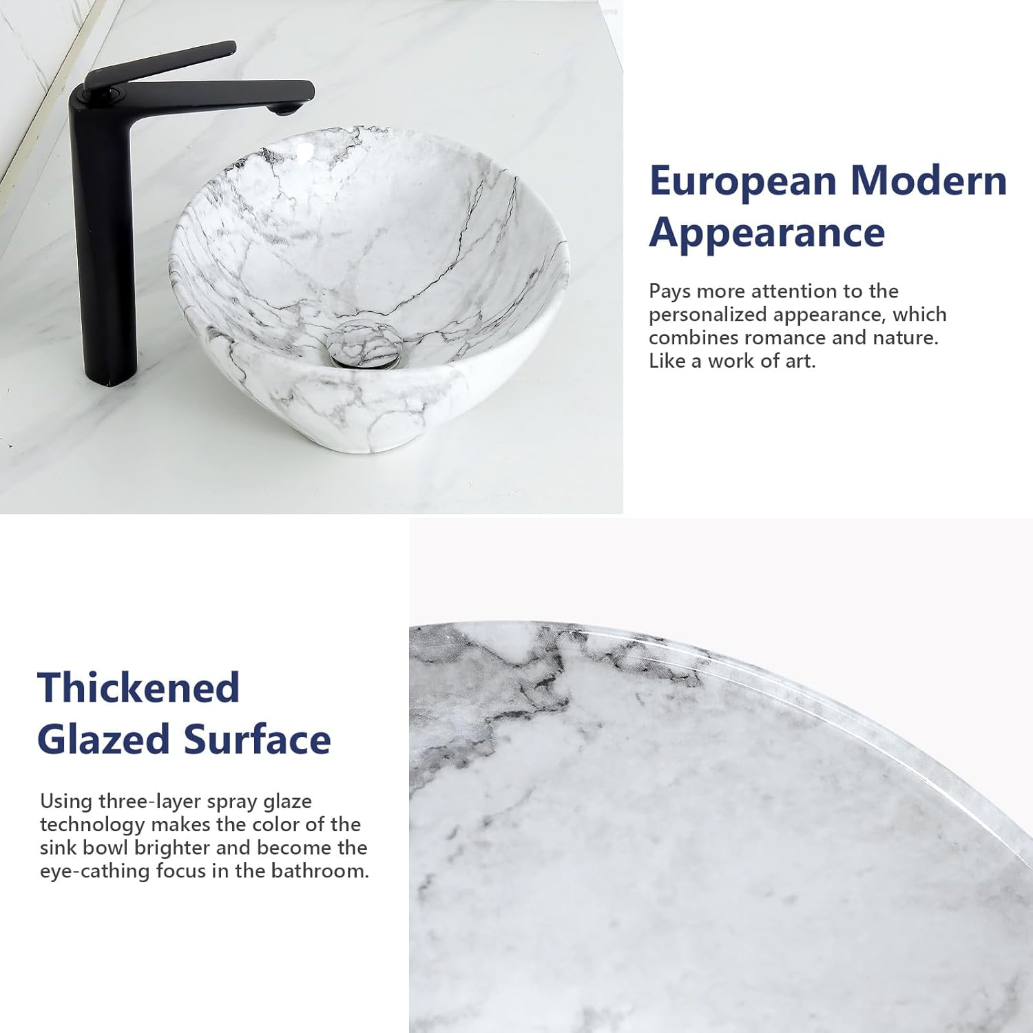 Davivy 16.3"x13.2" Nordic Marbling Oval Vessel Sink with Pop Up Drain,Ceramic White Bathroom Sinks Above Counter,Small Egg Shape Vessel Sink,Oval Sink Bowls for Bathroom