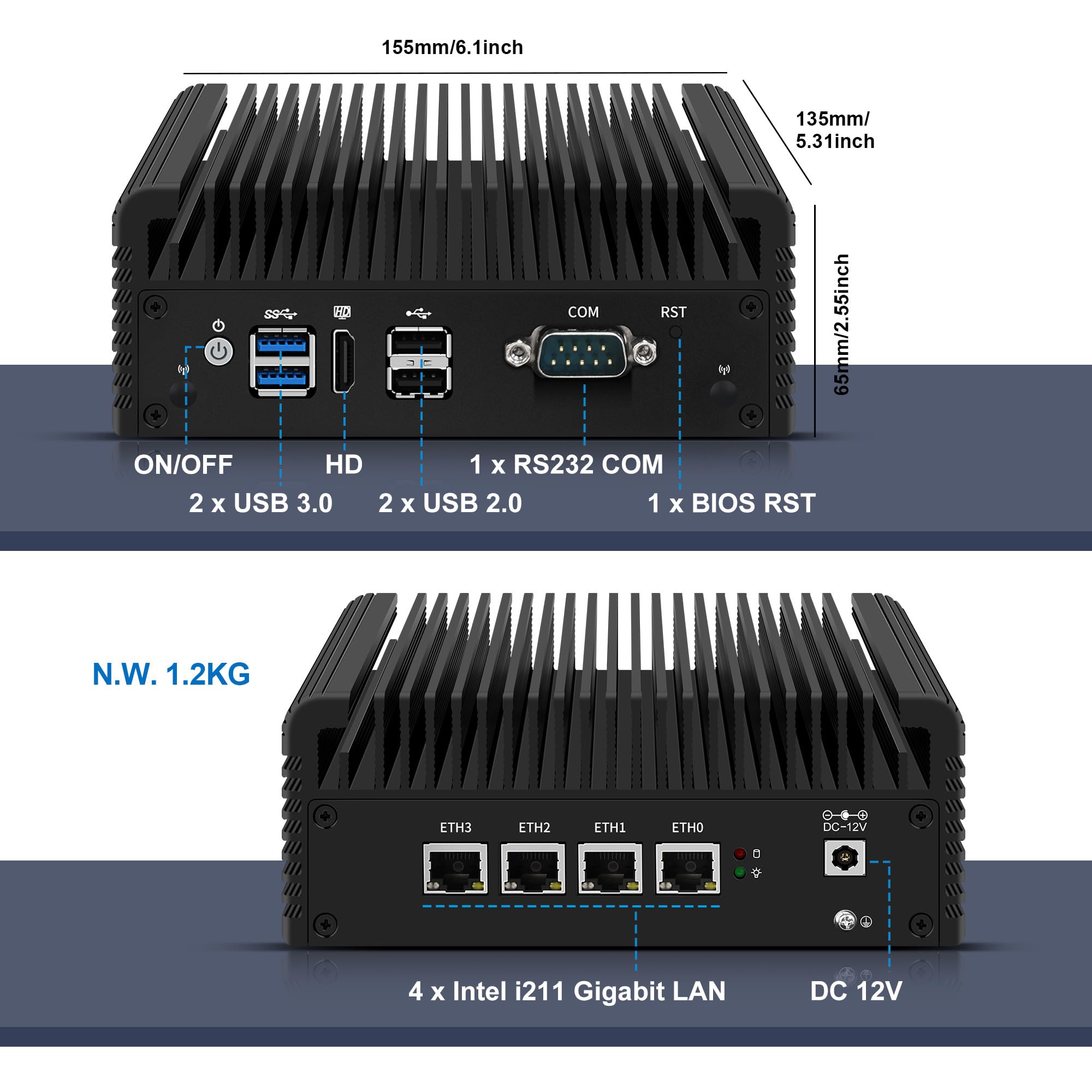 CWWK Mini PC Firewall, 4 x Gigabit LAN, Celeron J4125 CPU, Industrial RS232 COM, Fanless Mini Computer, OPNsense Micro Appliance, NO RAM Or SSD, mSATA, SATA3.0, miniPCIe, SIM