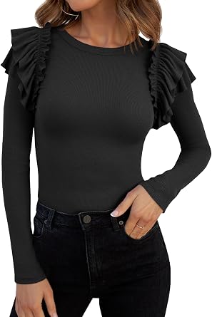 Tankaneo Womens Ruffle Long Sleeve Shirts Fitted Ribbed Knit Tops Fall Casual Crew Neck Tees