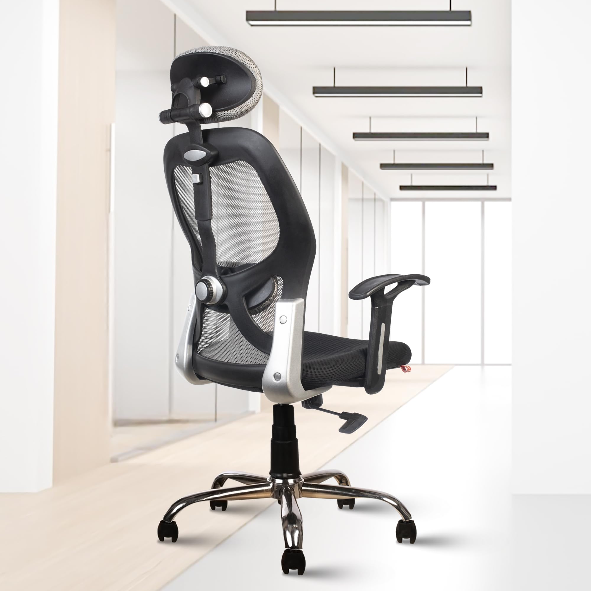 ROSE® Platinum | 3 Years Brand Warranty | Premium High Back Mesh Office Chair with Adjustable Headrest, Lumbar Support & Swivel Wheels | Ergonomic Executive Chair for Study & Work (Grey & Black)
