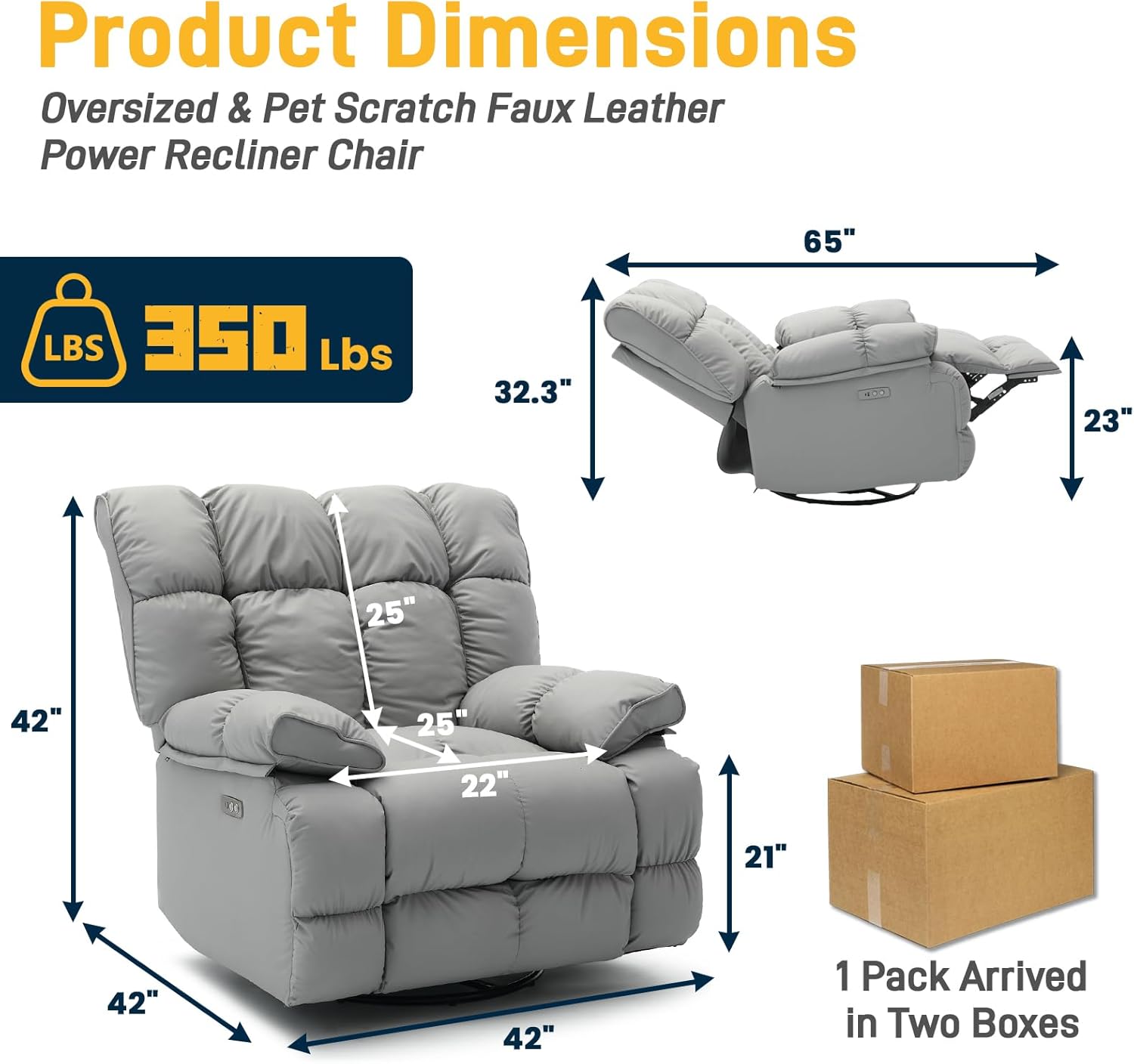 Oversized Power Recliner Chair, Pet Scratch Resistant Faux Leather, Modern Rocking & Swivel Single Sofa for Big and Tall with USB & Type C Charge Ports, Living Room, Bedroom, Gray | Scratch Resistant