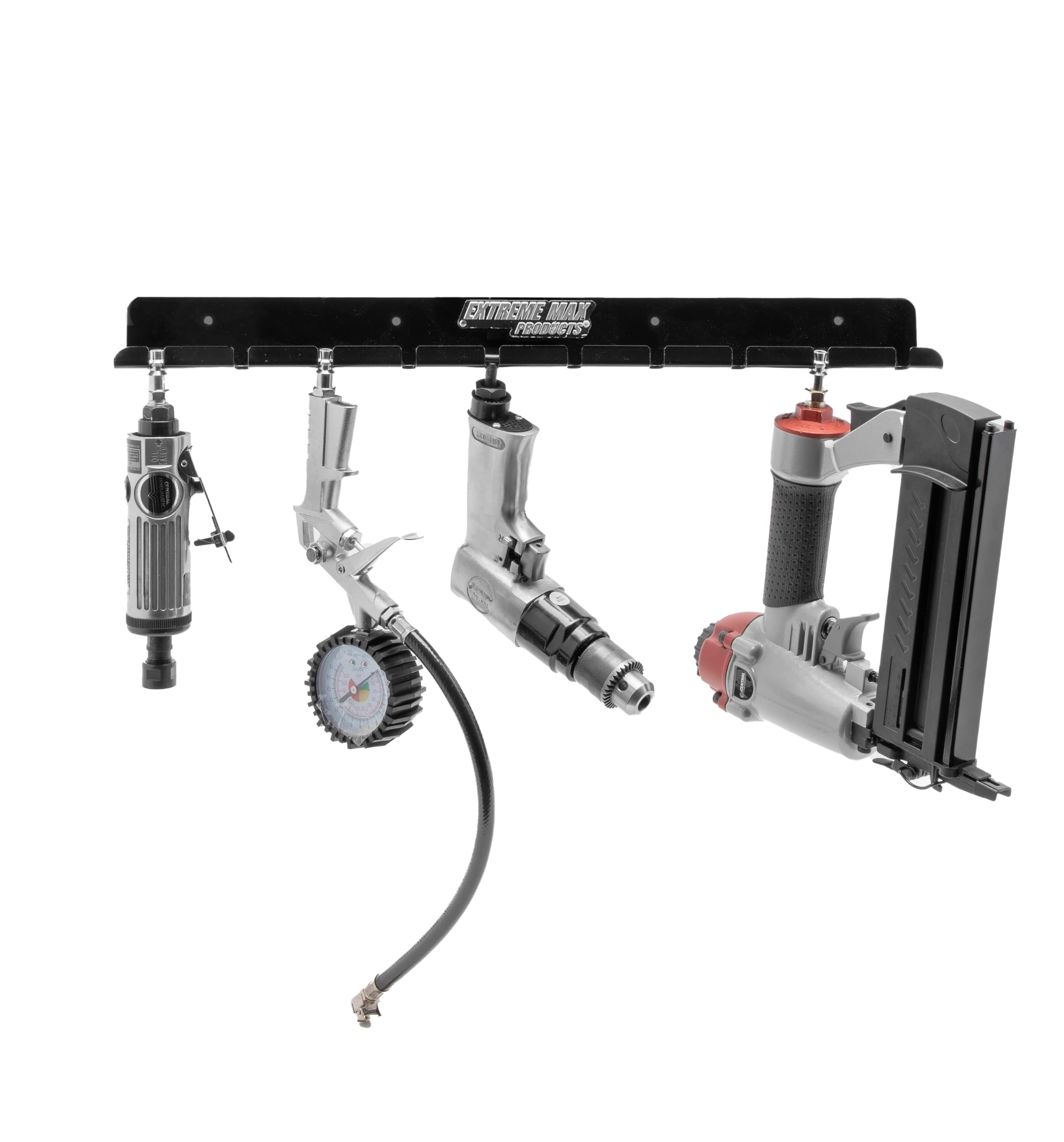 Extreme Max 5001.6171 Soporte de pared para herramientas neumáticas de aire para remolque de carreras cerrado, tienda de almacenamiento de garaje, color negro