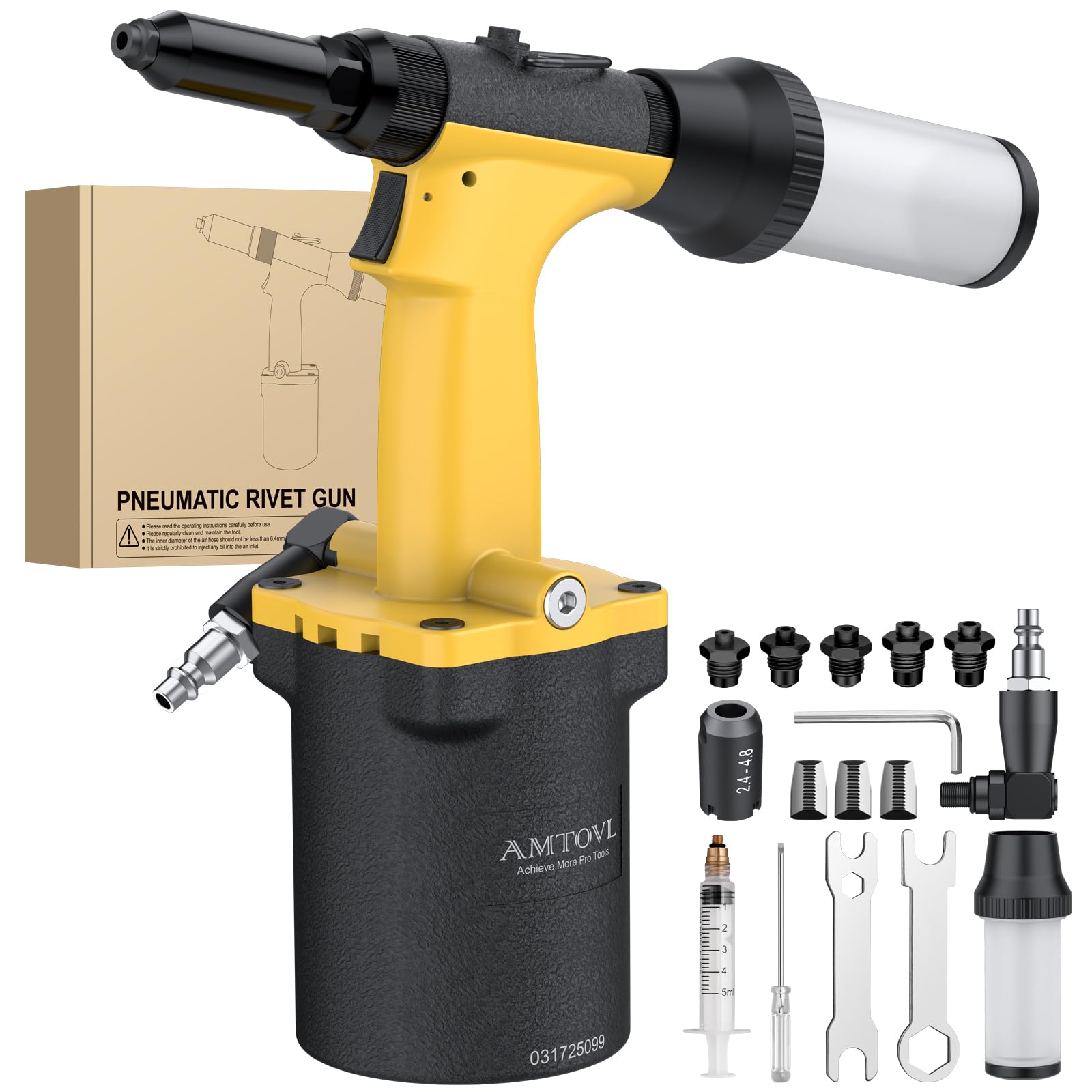 AMTOVL Pneumatic Riveter - 1400KGF/3086LBF Pulling Pneumatic Rivet Gun, Heavy-Duty Air Pop Riveter 3/32", 1/8", 5/32", 3/16", 1/4" Capacity