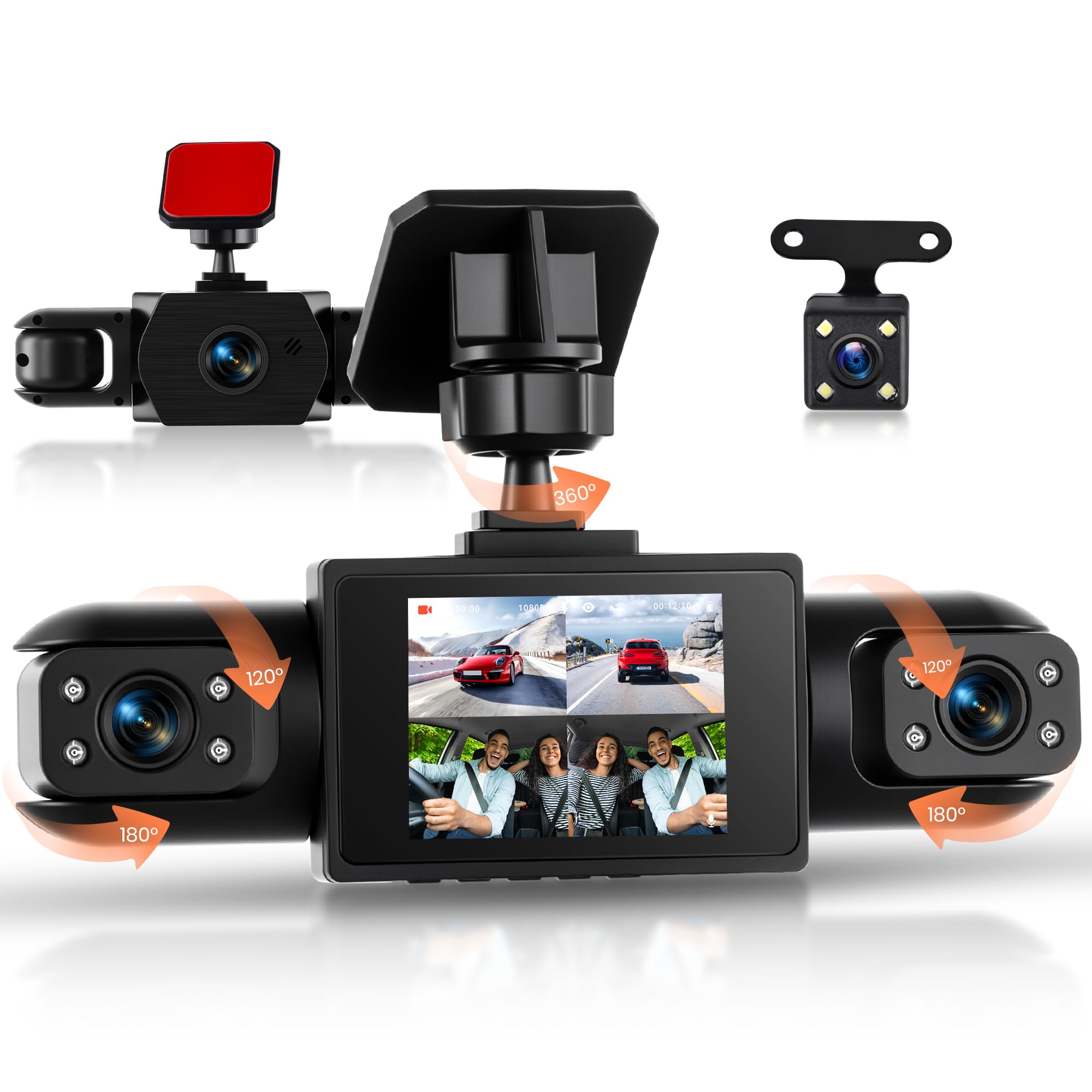 Rimoody 360° 4 Canali Dashcam Auto, 4 Telecamera HD 1080P Anteriore e Posteriore Sinistra Destra, 2 Pollici IPS Schermo Dash Cam con Visione Notturna 8 IR/Loop Video/24H Parcheggio Monitor