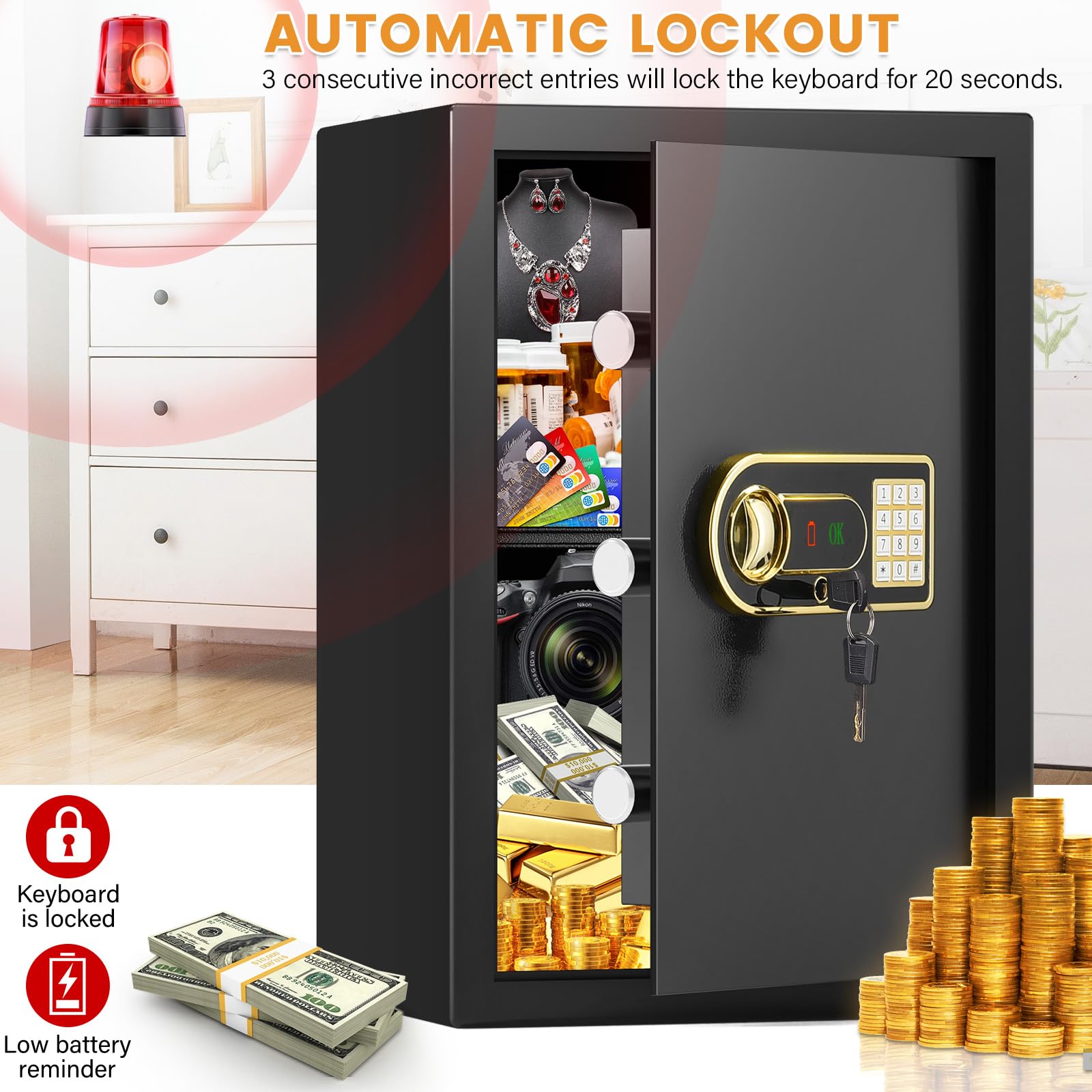 Mejasg Cassaforte ignifuga con custodia A4 ignifuga, 65 l, grande con ripiano rimovibile e vano batteria esterno, cassaforte digitale per casa, contanti, gioielli, medicine, documenti A4