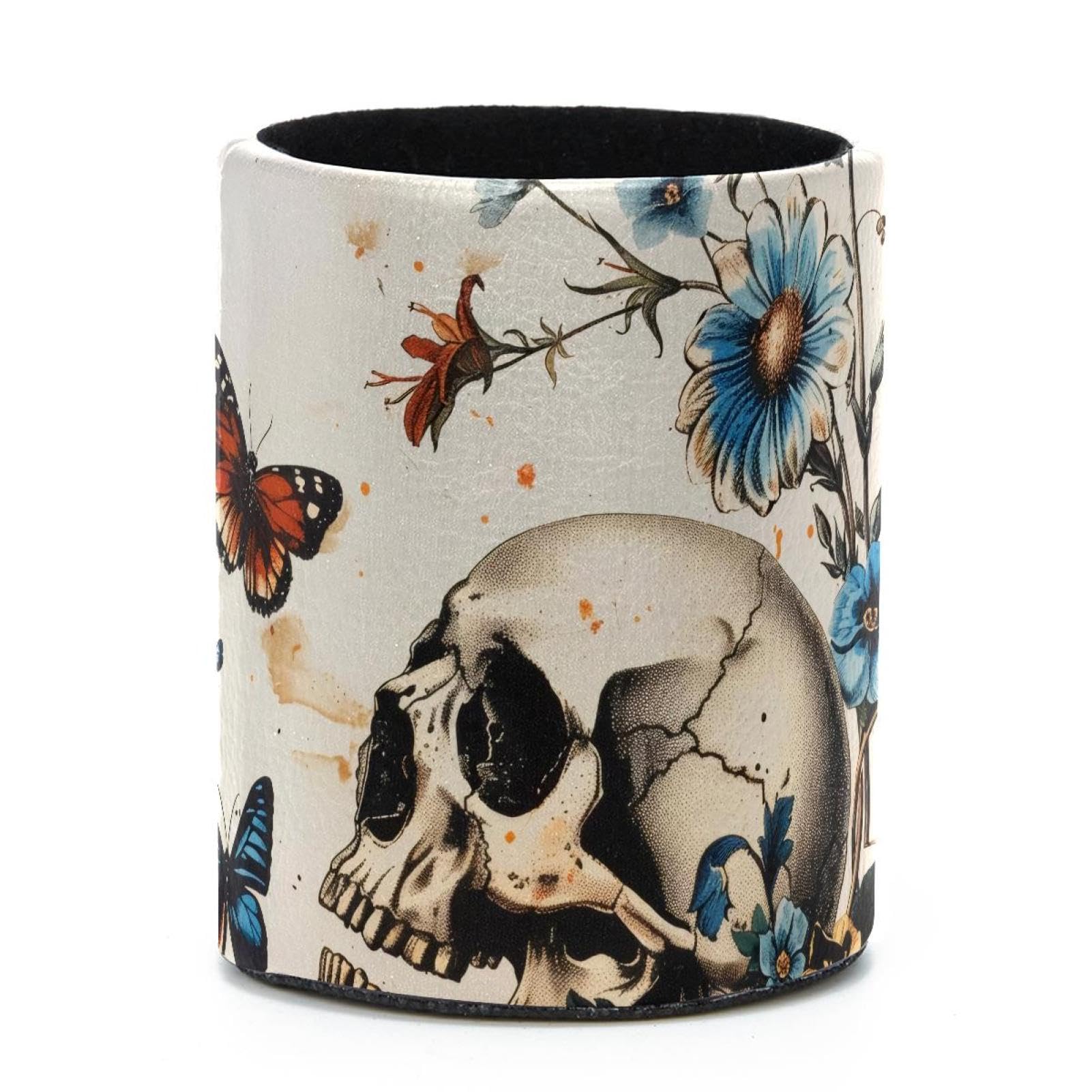 VAPOKF Round Pencil Holders for Desk, Skull Flower Pen Holders Pen Pot Makeup Brushes Storage Desktop Stationery Supplies Organiser for Home Office