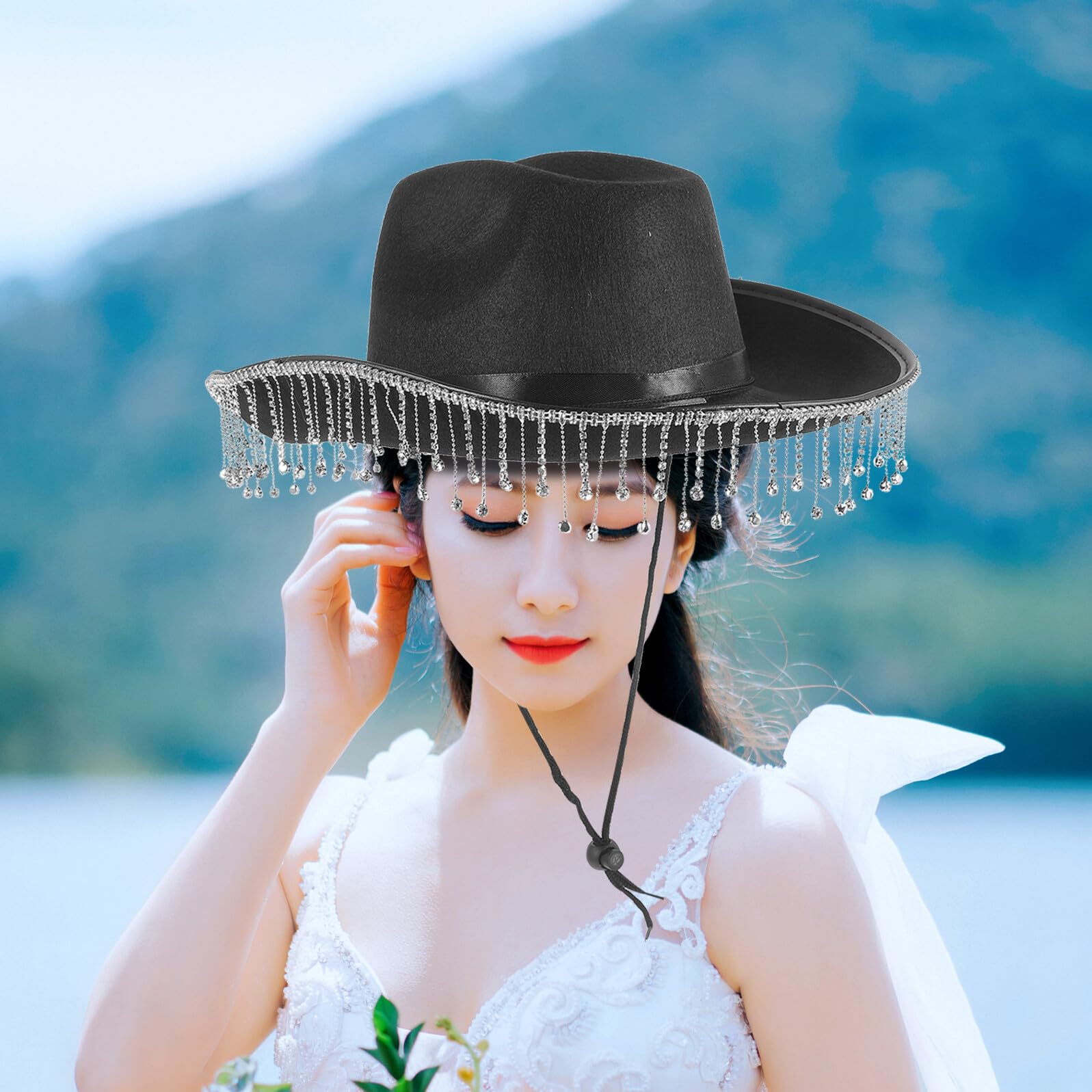 ibasenice Sombrero de Estilo Occidental para Mujer Detalles Borlas para Bodas y Fiestas Sombrero Occidental Eventos Especiales
