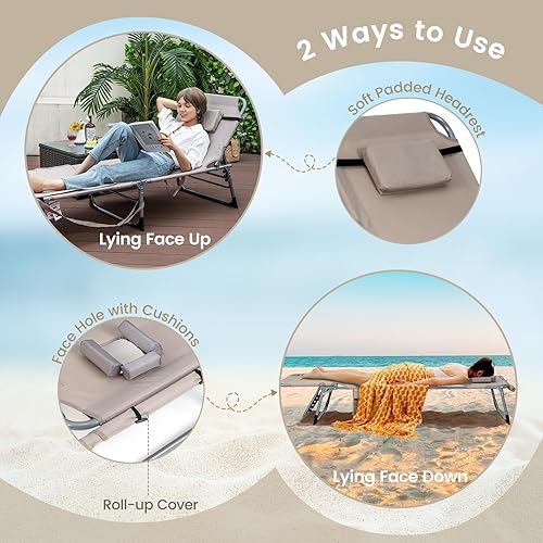 Miniatura 5 de Goplus Silla de bronceado, silla plegable de playa al aire libre con agujero para cara y brazo, correa de transporte, almohada, bolsillo lateral,