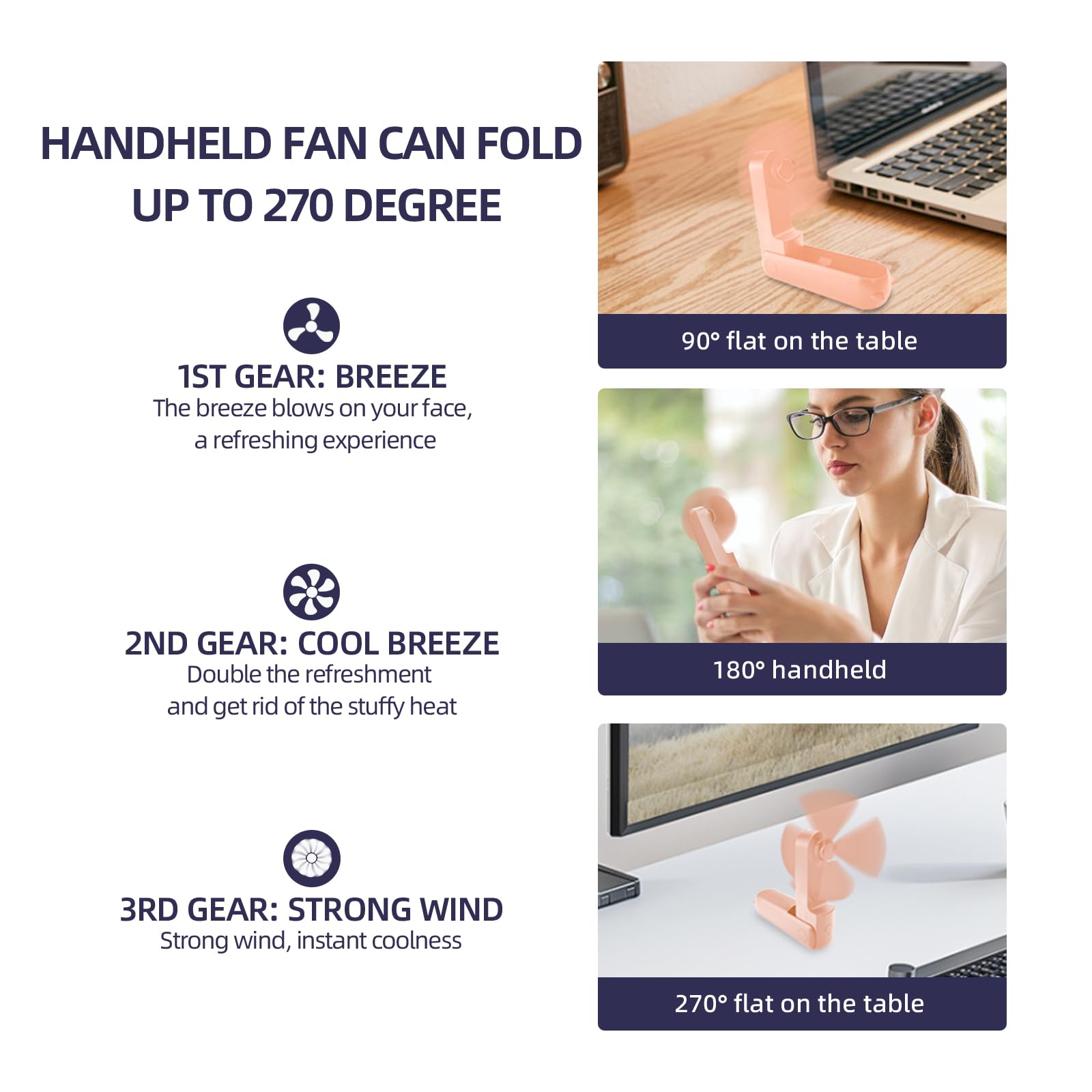 Jsdoin Ventilatore Portatile, 3 Velocità Ricaricabile Ventilatore Tascabile con Banca di potere, Cordino, Mini Ventilatore per Casa, Ufficio, Viaggi e all’aperto (Rosa)