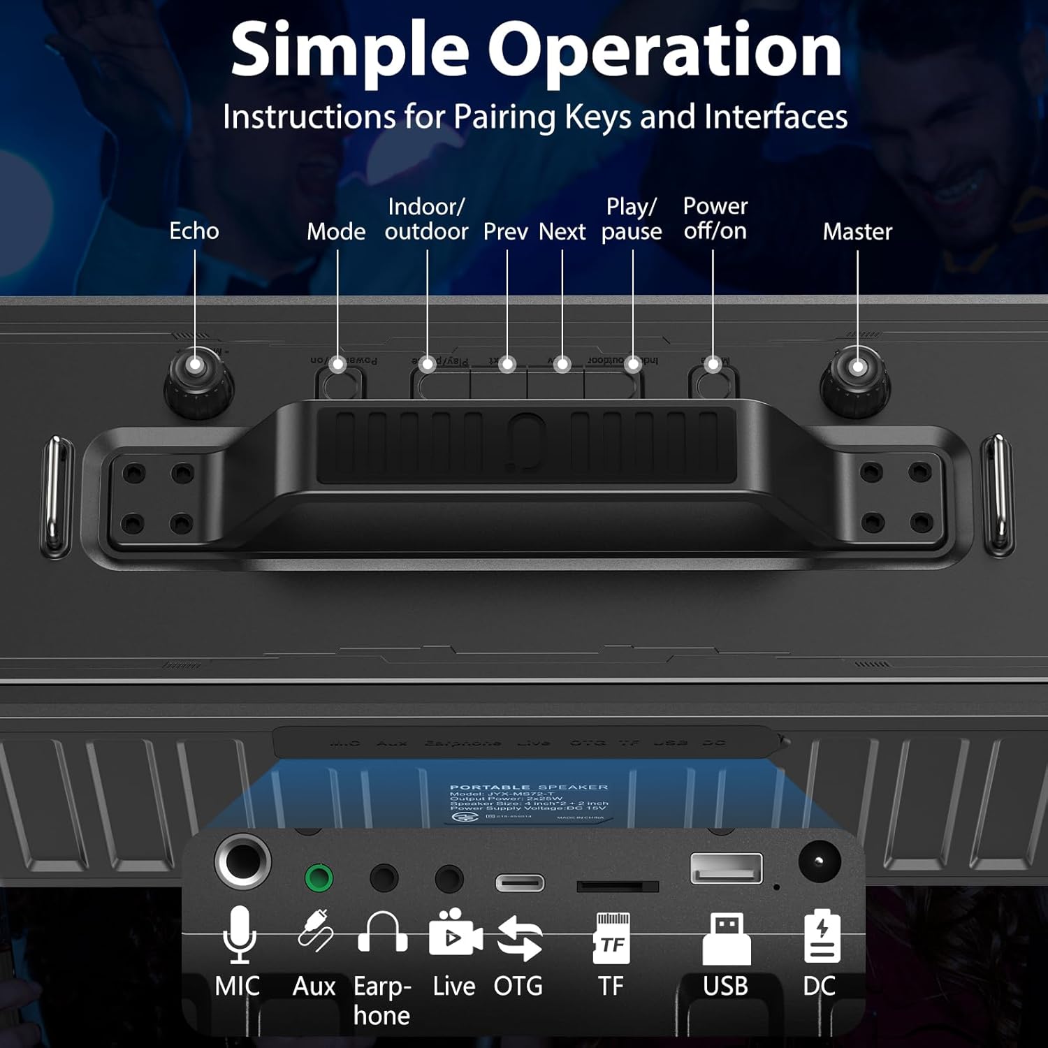 JYX Karaoke Machine for Adults with 2 Wireless Microphones，Portable Bluetooth Speaker, PA System with LED Lights for Home Party, Birthday Gifts, Supports REC/FM/AUX/USB/TF Live Broadcast - Image 3