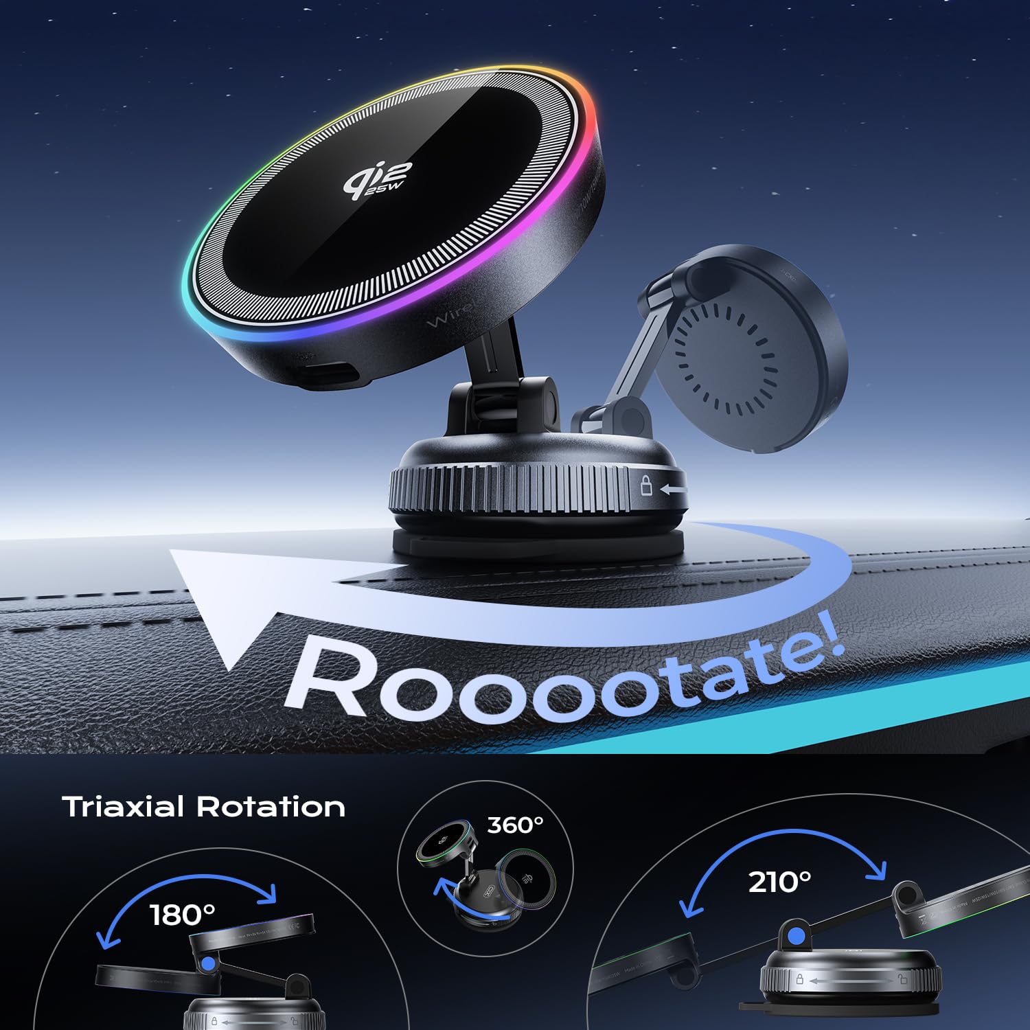 Qi2.2 - Cargador magnético para coche, soporte de carga inalámbrica rápida de 25 W con luz RGB, soporte de teléfono con ventosa giratoria de 360° para tu coche, compatible con iPhone 12-17, S26/S25