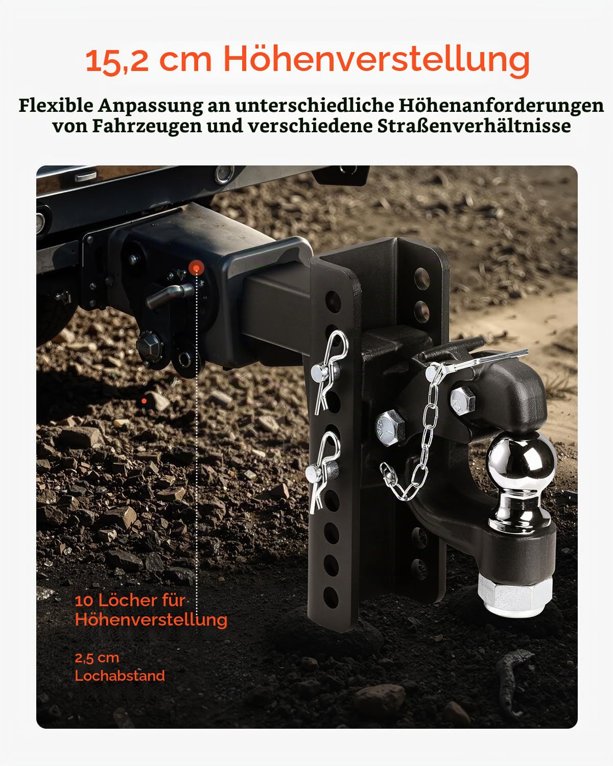VEVOR Anhängerkupplung, 9070 kg, für 50,8 mm Anhängekupplungshaken, Kombination aus 50,8 mm Kugelkopf, passend für 63,5-76,2mm Lünettenring, 152,4 mm Anstieg & Absenkung, Schwarze Pulverbeschichtung