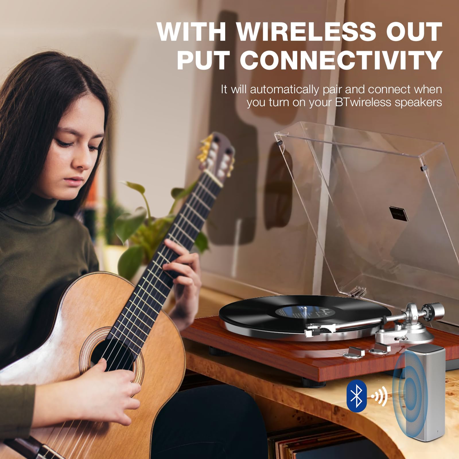 Giradischi Vinili Trasmissione a Cinghia con Connettività di Uscita Wireless, Lettore con Contrappeso Regolabile e Cartuccia Magnetica e 2 Velocità 33/45 RPM, Conversione USB, Linea Fono
