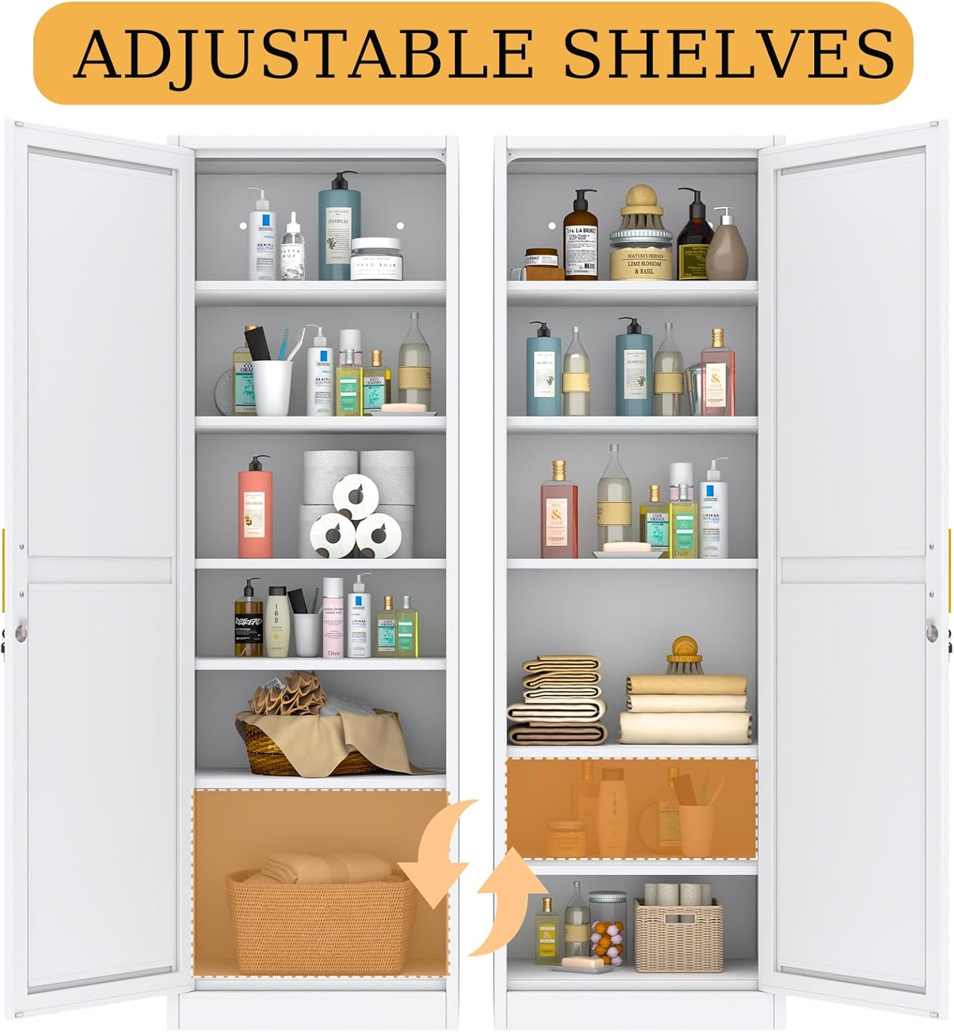 Metal Locker Cabinet with Doors and Shleves, 67" H Tall Narrow Storage Cabinet with Lock, Office Cabinet for Home Office, Living Room, Pantry, Bathroom (1Door-Lock, White)