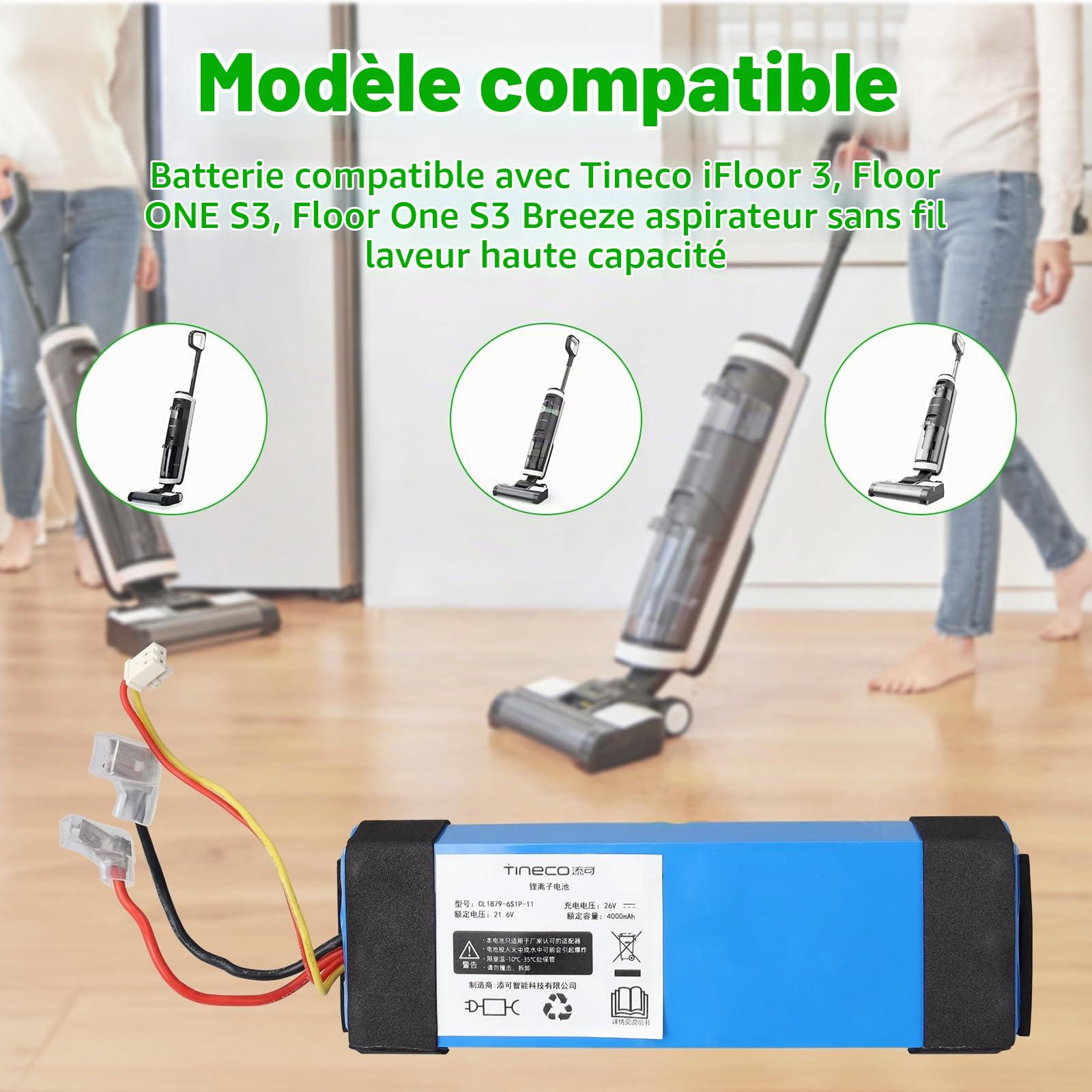 21.6V 4000mAh Batterie de Remplacement Lithium-ION Compatible avec Tineco iFloor 3, Floor One S3, Floor One S3 Breeze sans Fil Aspirateur à Sec Humide sans Capacité