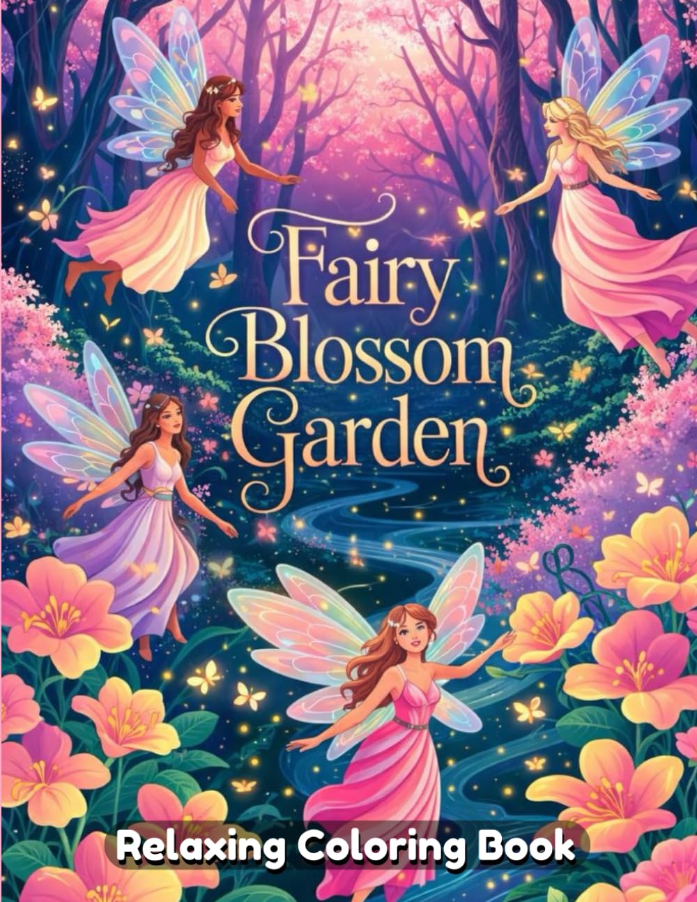 Fairy Blossom Garden Coloring Book for Adults and Teens: Magical Fairies, Blooming Flowers, Enchanted Gardens, Relaxing Line Art, Stress Relief Coloring Pages
