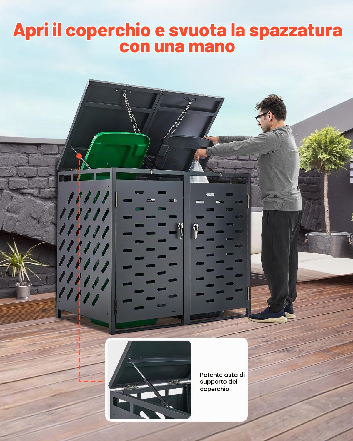 VEVOR Contenitore per Rifiuti da 2 x 240 L Contenitore per Bidoni della Spazzatura con Serratura, Armadio Orizzontale Impermeabile con Coperchio a Catena, per Bidoni della Spazzatura