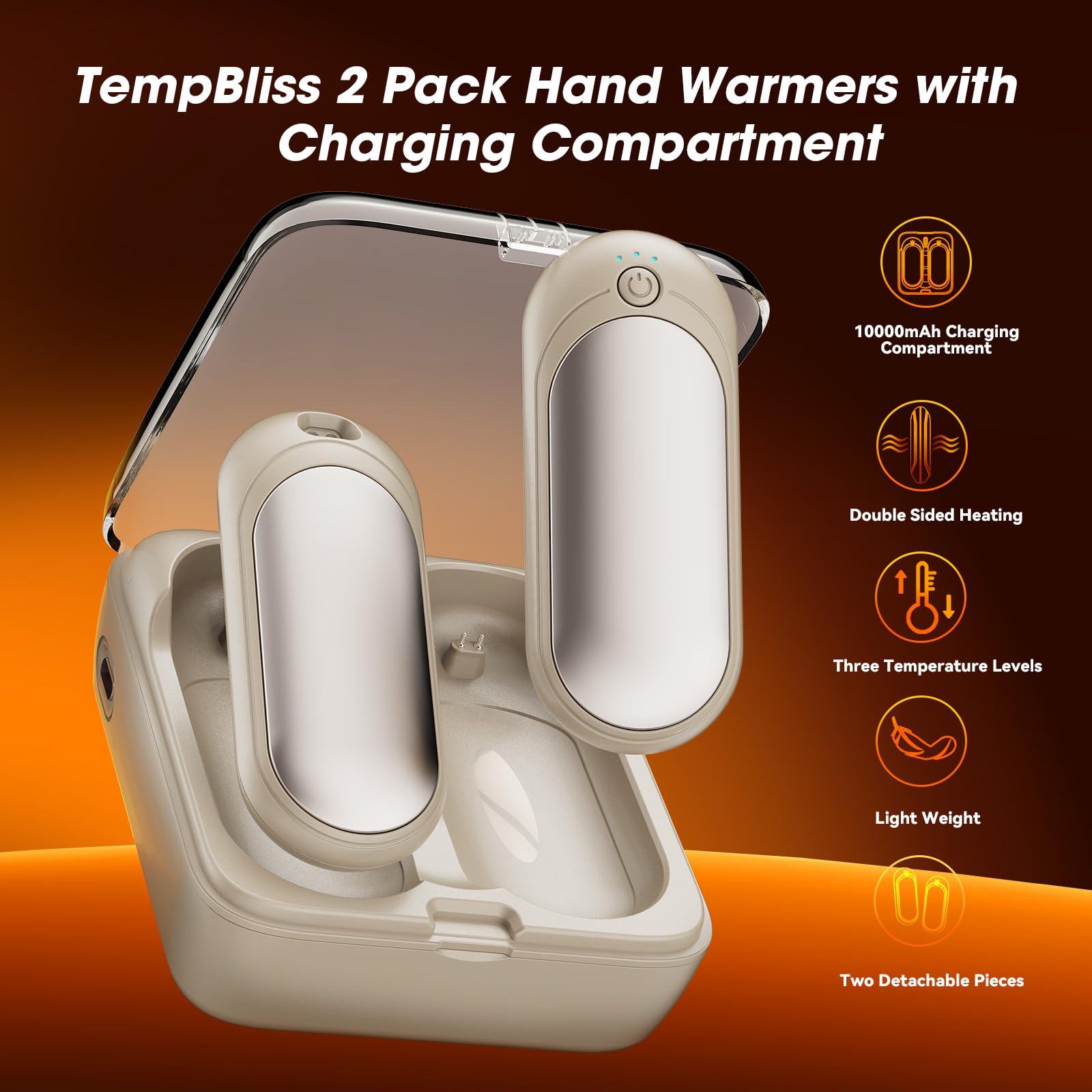 TempBliss 14000mAh Hand Warmers Rechargeable with Charging Compartment, 2 Pack Electric Hot Hands Warmers, Smart Temperature Control, Portable Pocket Heater for Camping, Fishing, Golf, Outdoor, (Gold)