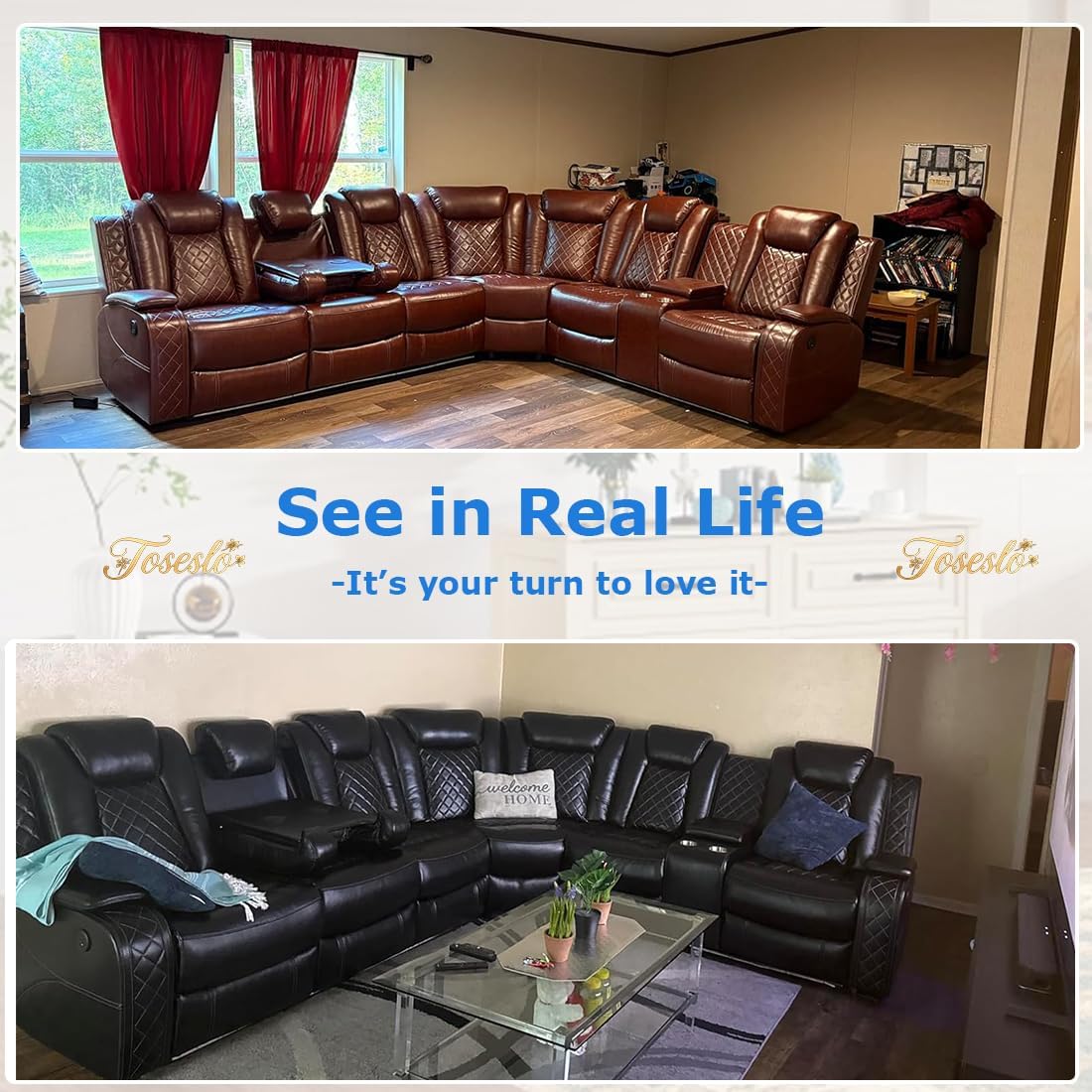 Living Room Furniture Sets, Power Recliner Sectional Sofa Set,Leather Sectional Couch with LED Light, Modern Power Reclining Sofa Sets with Cup Holder for House, Brown