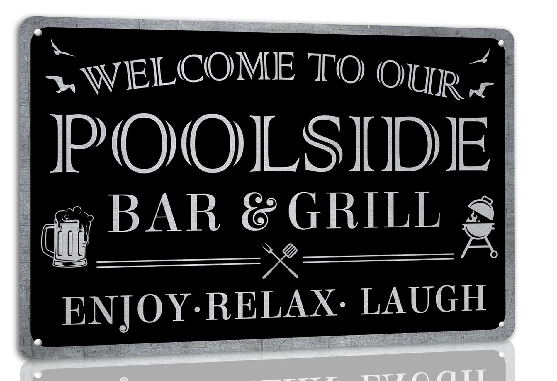 SMAZDFXX Welcome to Our Poolside Metal Tin Sign Bar & Grill Enjoy Relax Laugh Sign for Patio Home Backyard Wall Art Decor Poster Retro Vintage Plaque 12"x16"