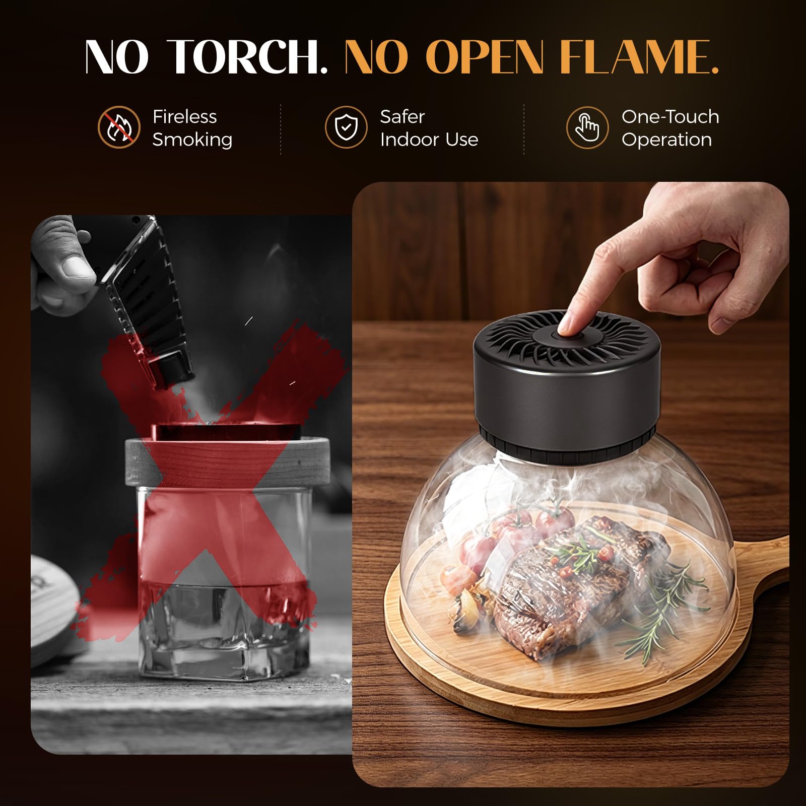Kit affumicatore elettrico per cocktail, ricaricabile USB-C, senza torcia, per cocktail e cibo, controllo del fumo regolabile, copertura in vetro, vassoio di legno, 6 trucioli di legno (15 cm)